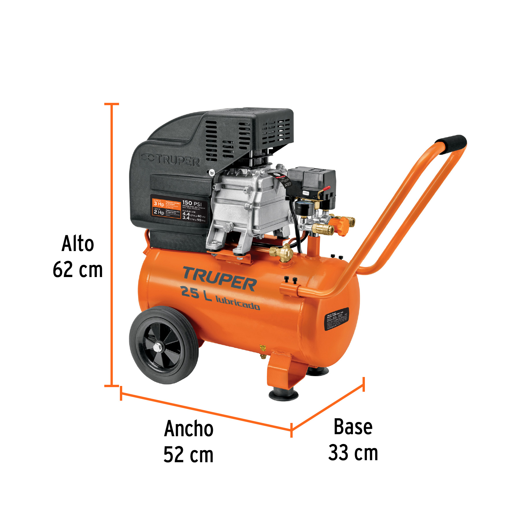 Compresor lubricado, 25L, 3HP, horizontal, 127V, TRUPER - Imagen 3