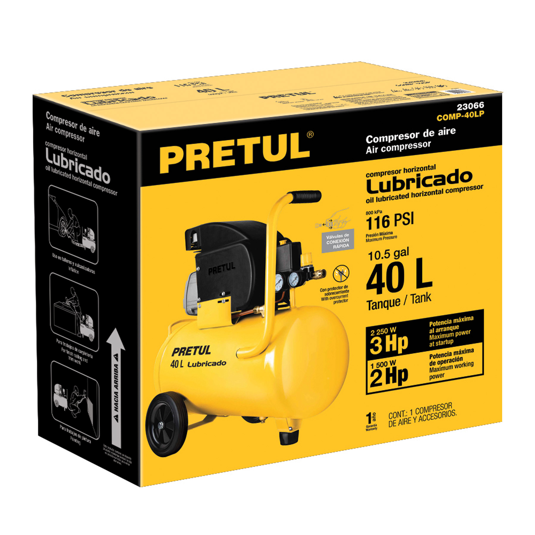 Compresor lubricado, 40L, 3HP, horizontal, 127V, PRETUL - Imagen 4
