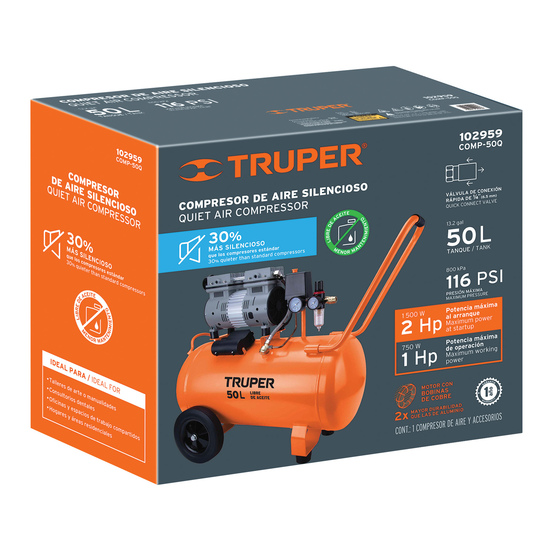 Compresor de aire, silencioso libre de aceite, 50 L, 2 HP - Imagen 5
