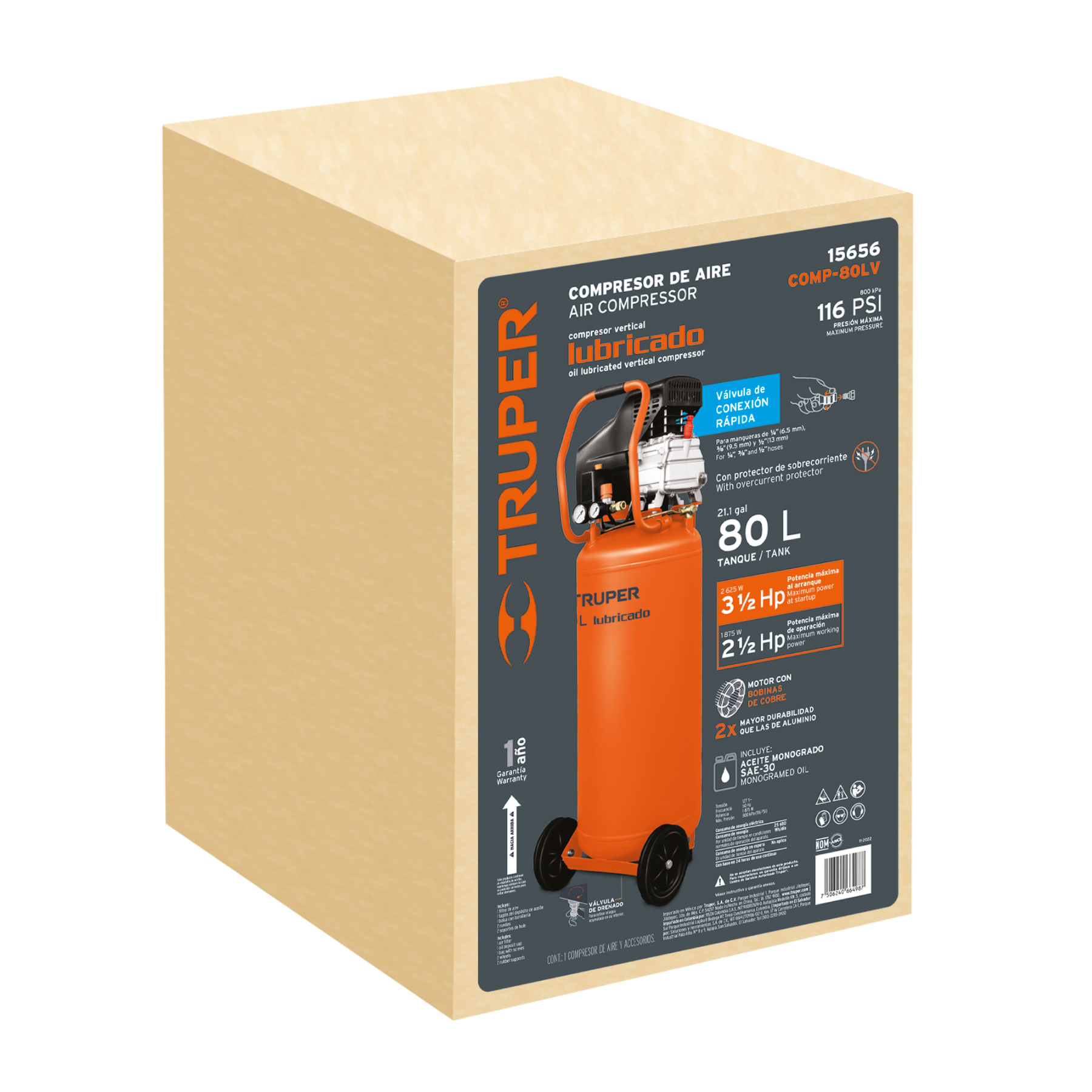 Compresor lubricado, 80L, 3-1/2HP, vertical, 127V, TRUPER - Imagen 4