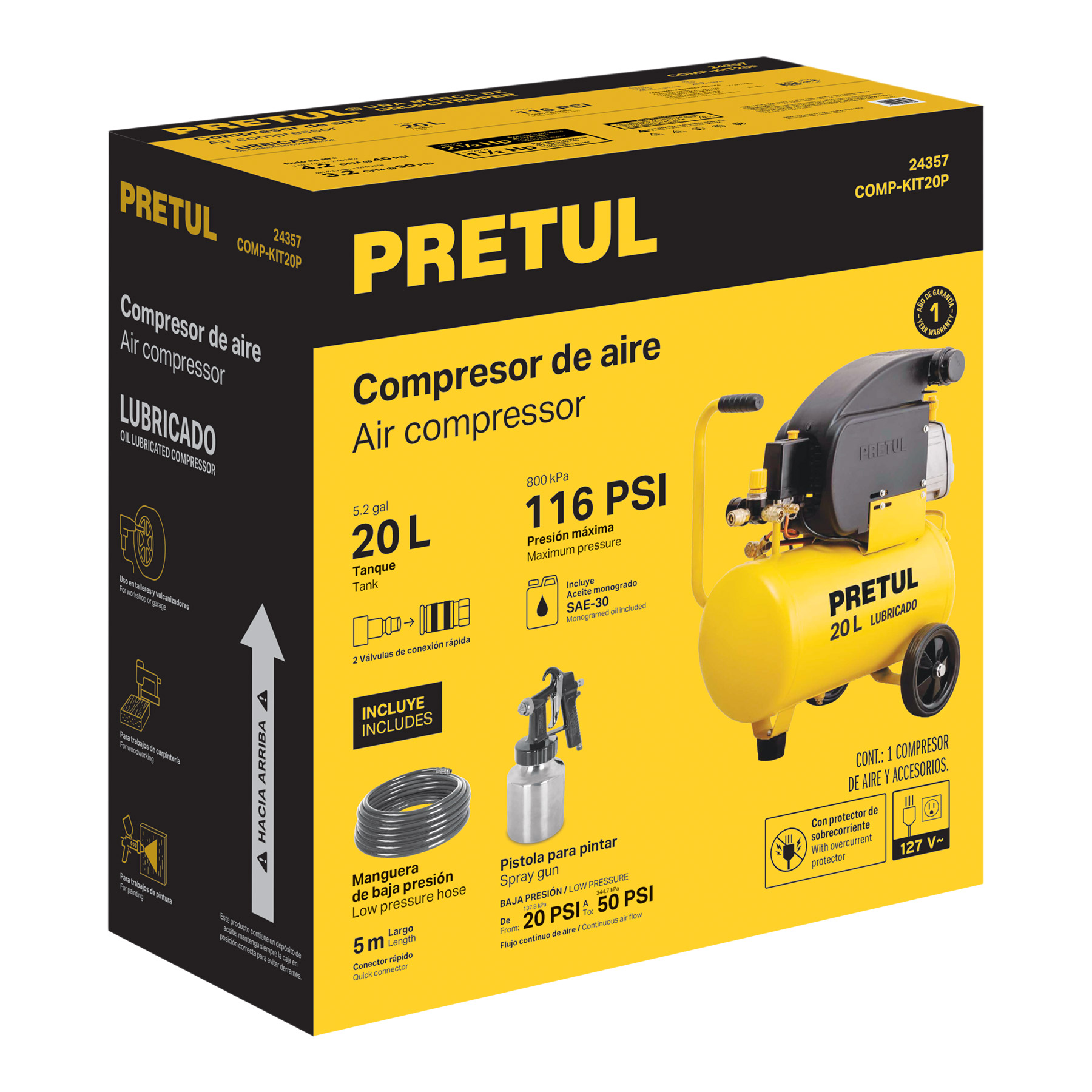 Kit Compresor lub, 20L, manguera y pistola baja,127V, PRETUL - Imagen 4