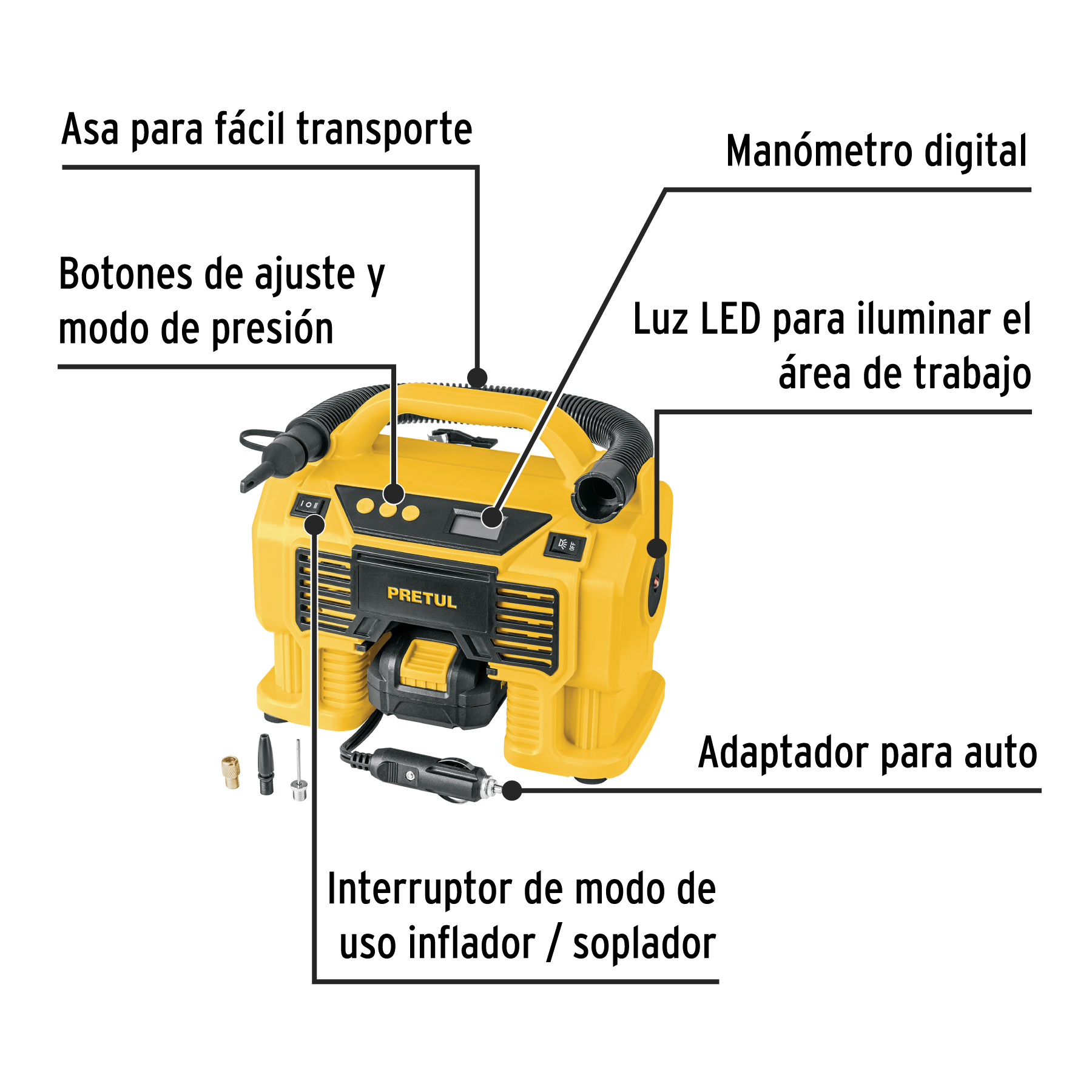 Inflador/soplador para auto, 20V, 1 batería 2Ah, PRETUL - Imagen 3
