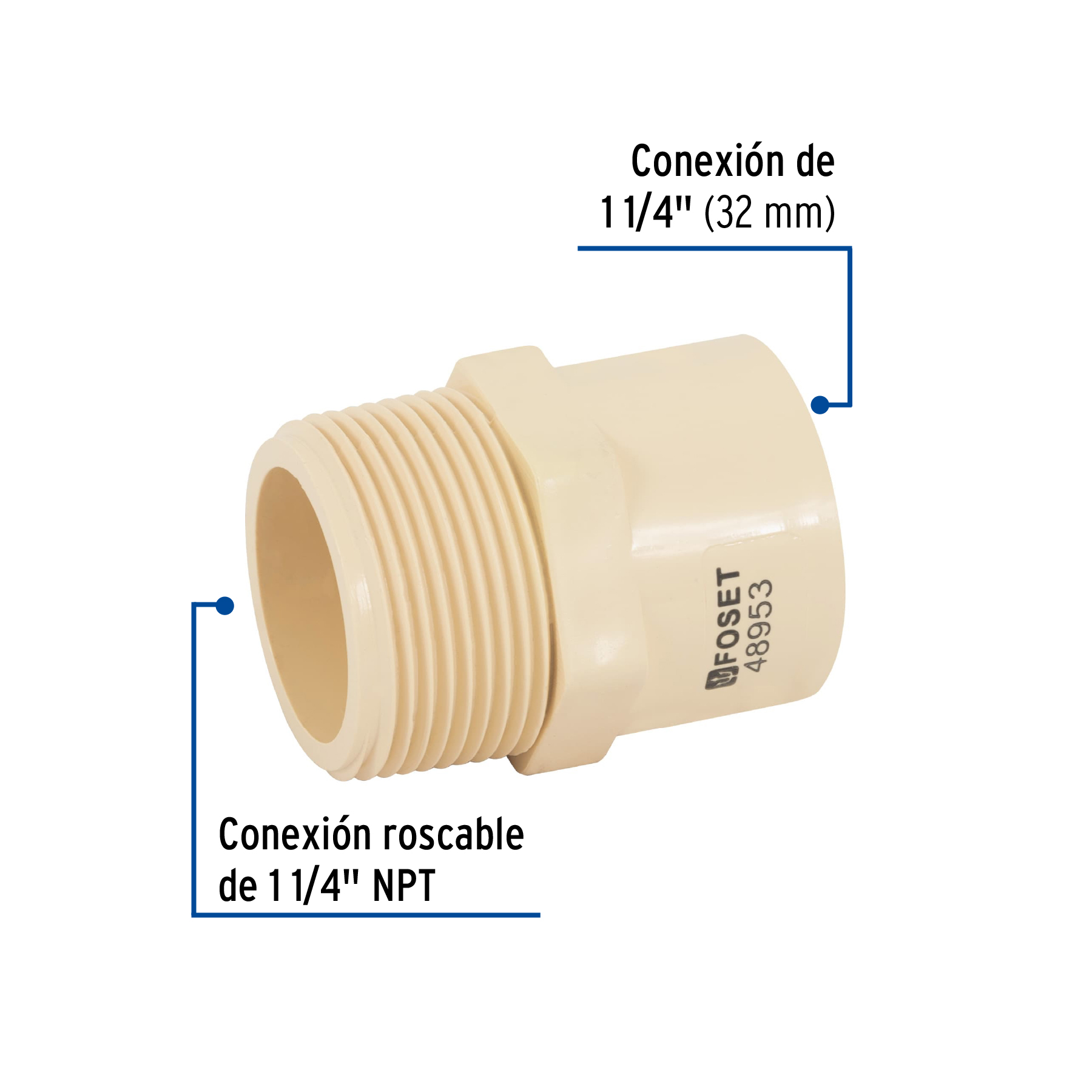 Conector macho CPVC 1-1/4', FOSET - Imagen 3