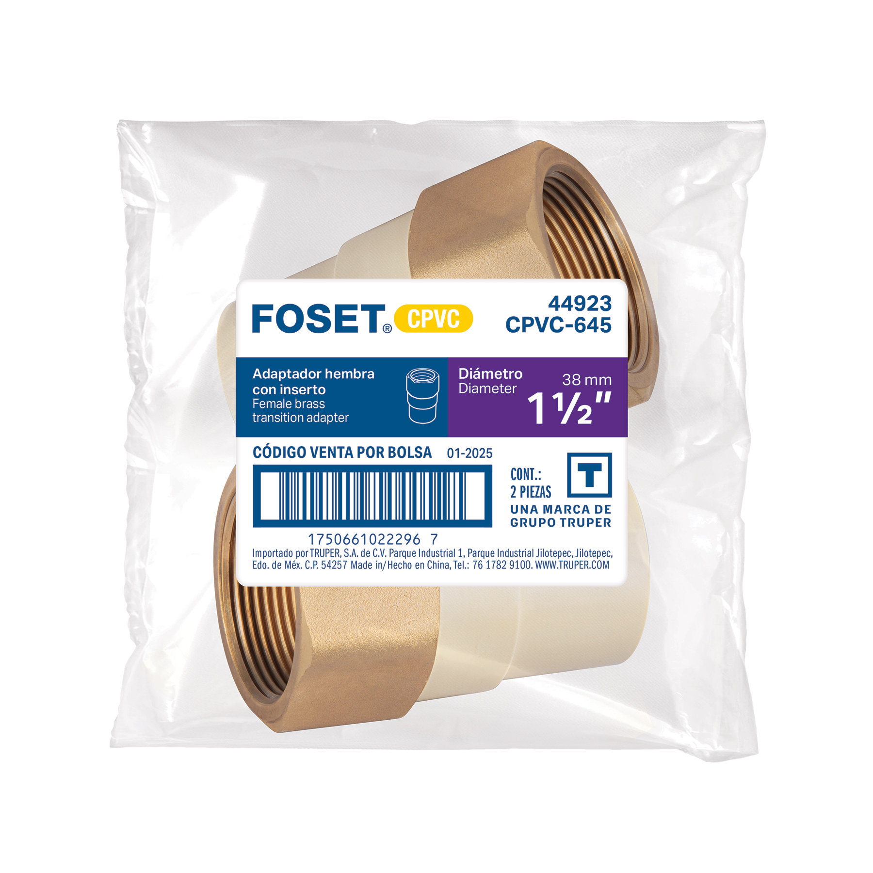 Adaptador CPVC, 1-1/2', hembra inserto metálico-latón, FOSET - Imagen 4