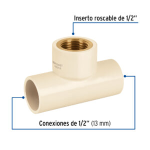 Tee de CPVC 1/2' rosca central hembra inserto latón, FOSET - Imagen 3