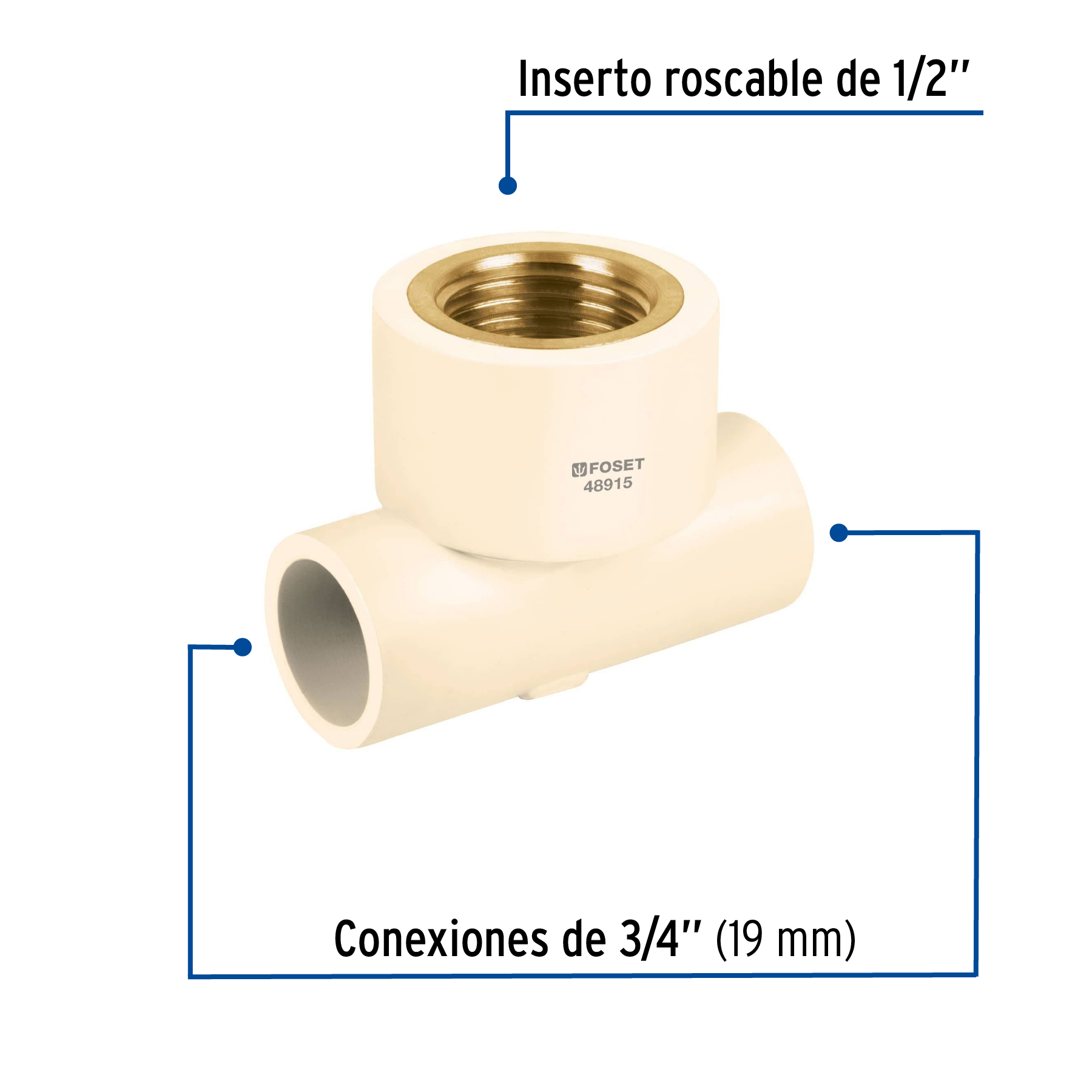 Tee reducida hembra de CPVC 3/4' x 3/4' x 1/2' inserto latón - Imagen 3