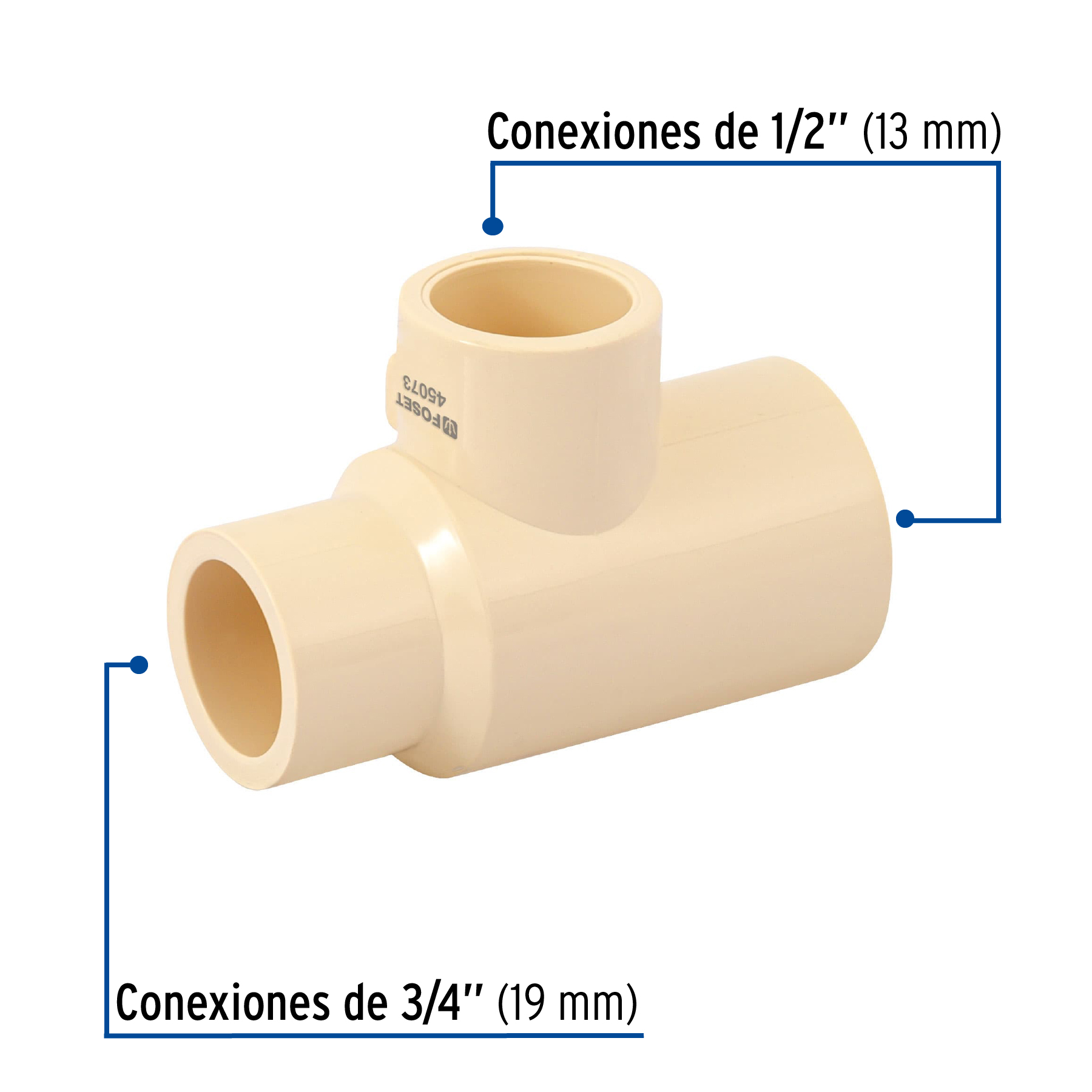 Tee reducida lateral de CPVC 3/4' x 1/2' x 1/2' , FOSET - Imagen 3