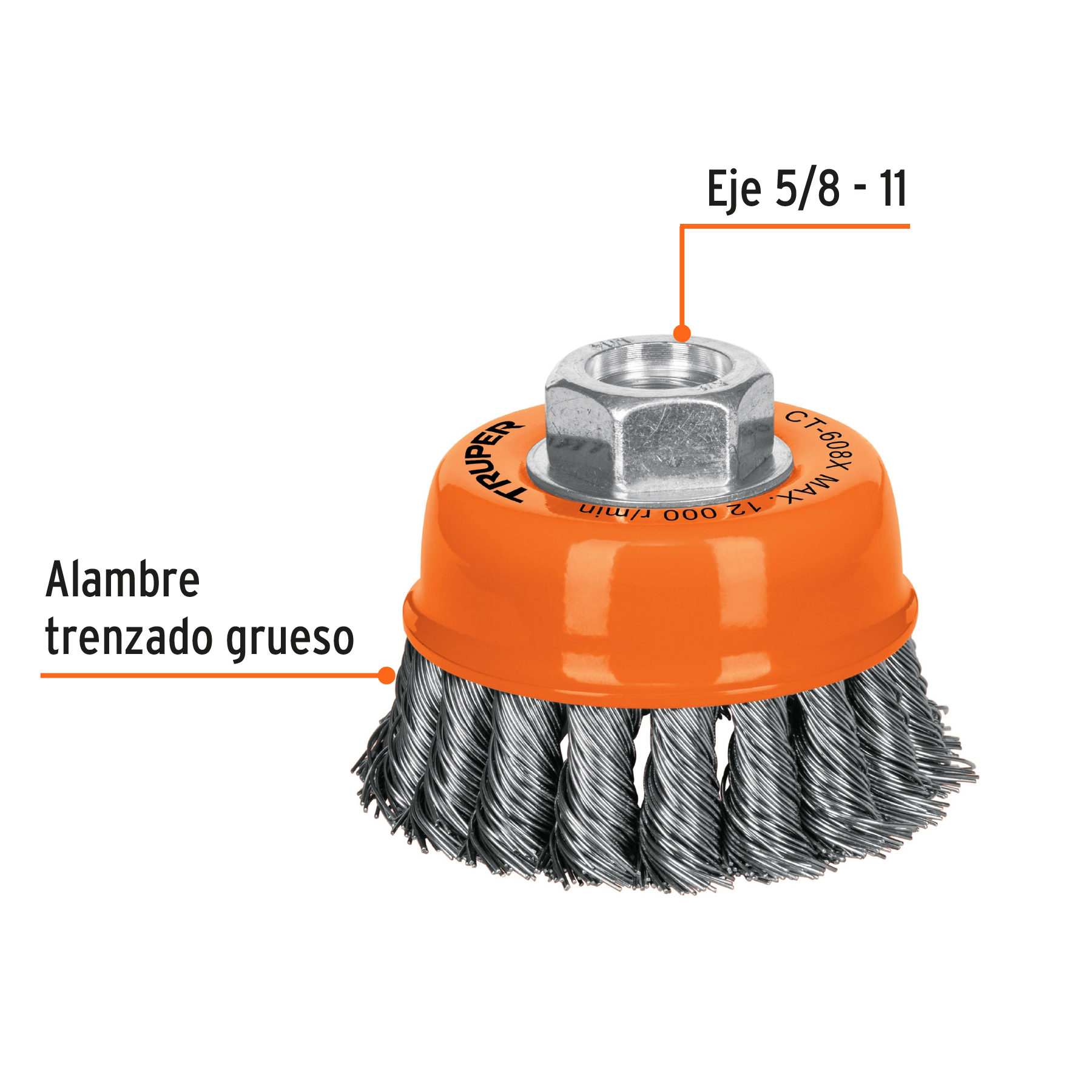Carda copa 3' alambre trenzado grueso, eje 5/8'-11, TRUPER - Imagen 3