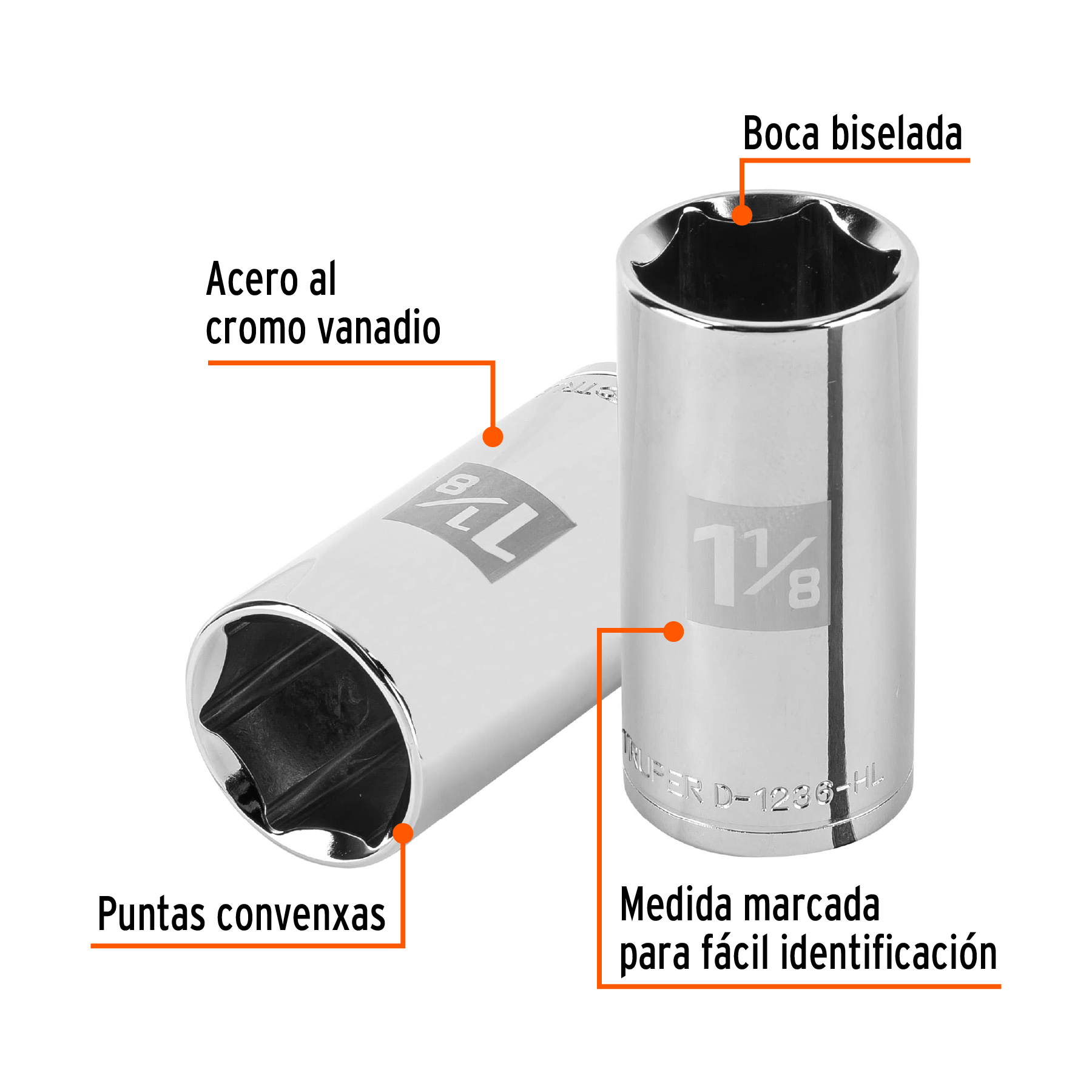 Dado largo de 1-1/8', 6 puntas, cuadro 1/2', TRUPER - Imagen 3