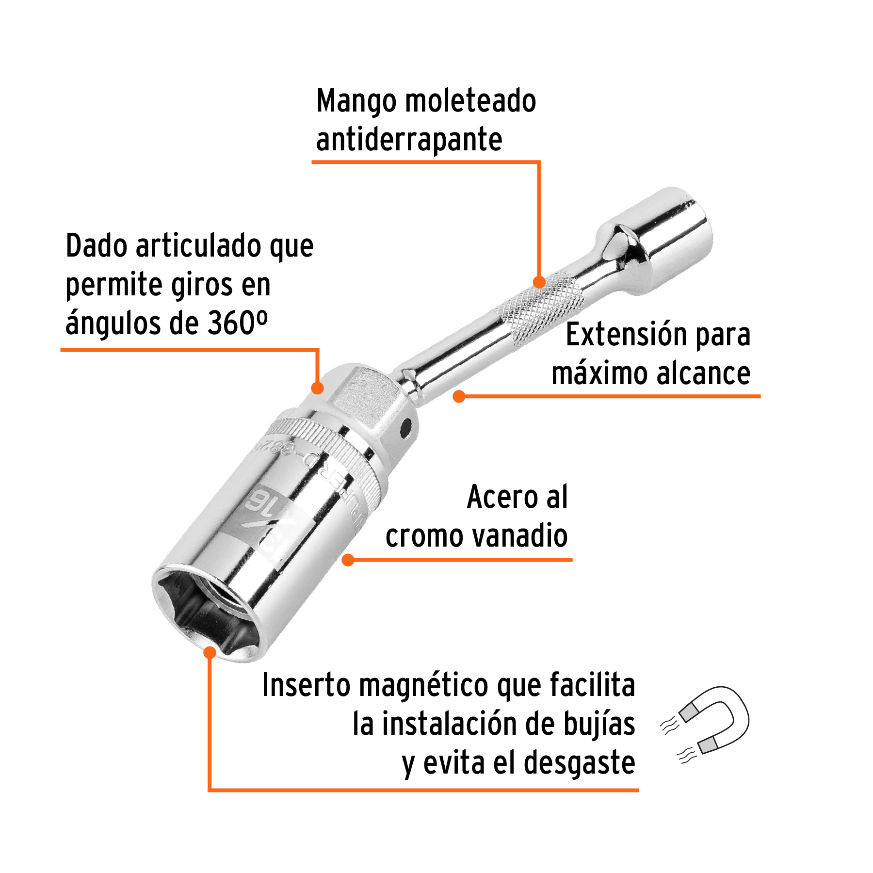 Dado p/bujías cuadro 3/8' articulado 13/16', extensión 6' - Imagen 3
