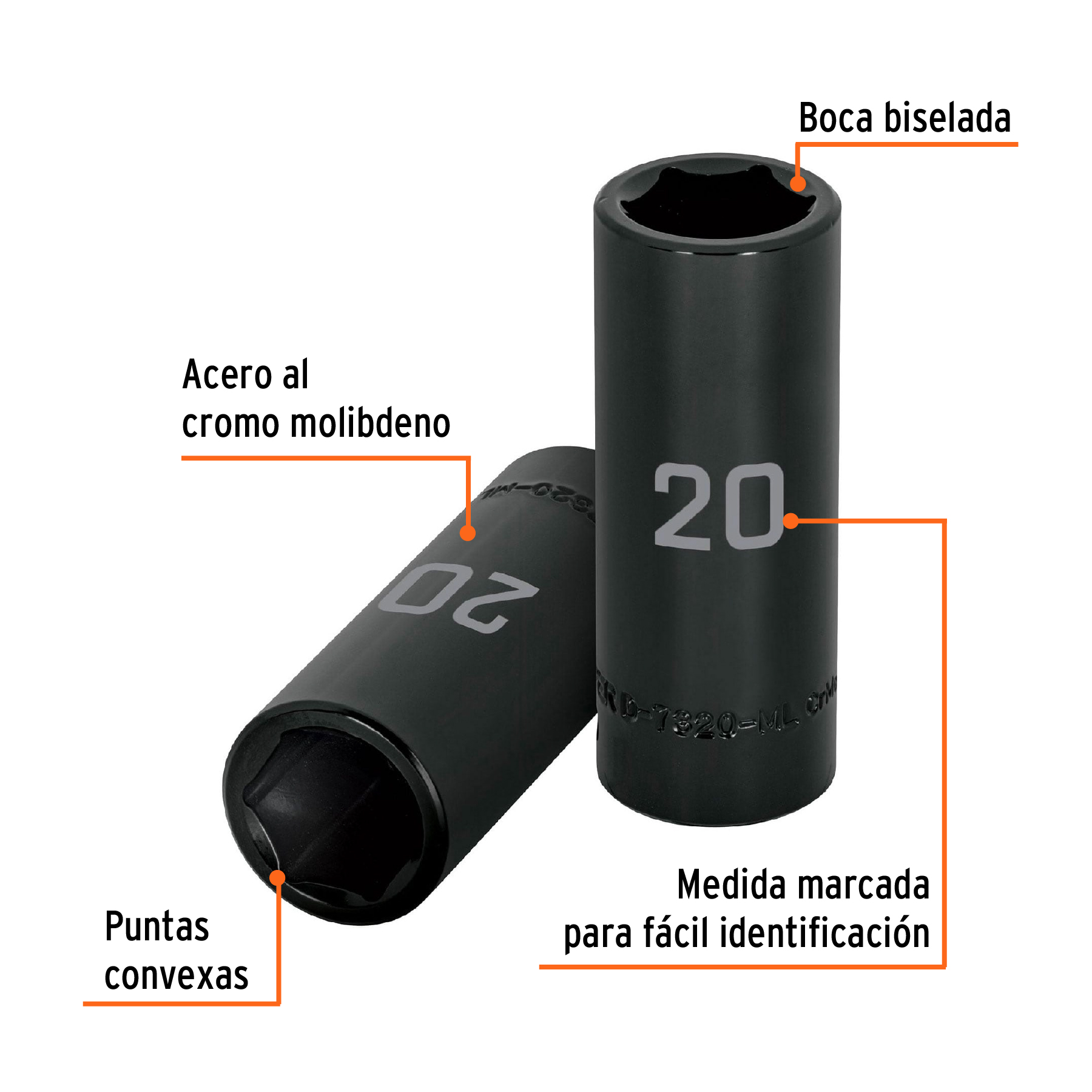 Dado largo cuadro 1/2' de impacto 6 puntas de 20 mm, TRUPER - Imagen 3