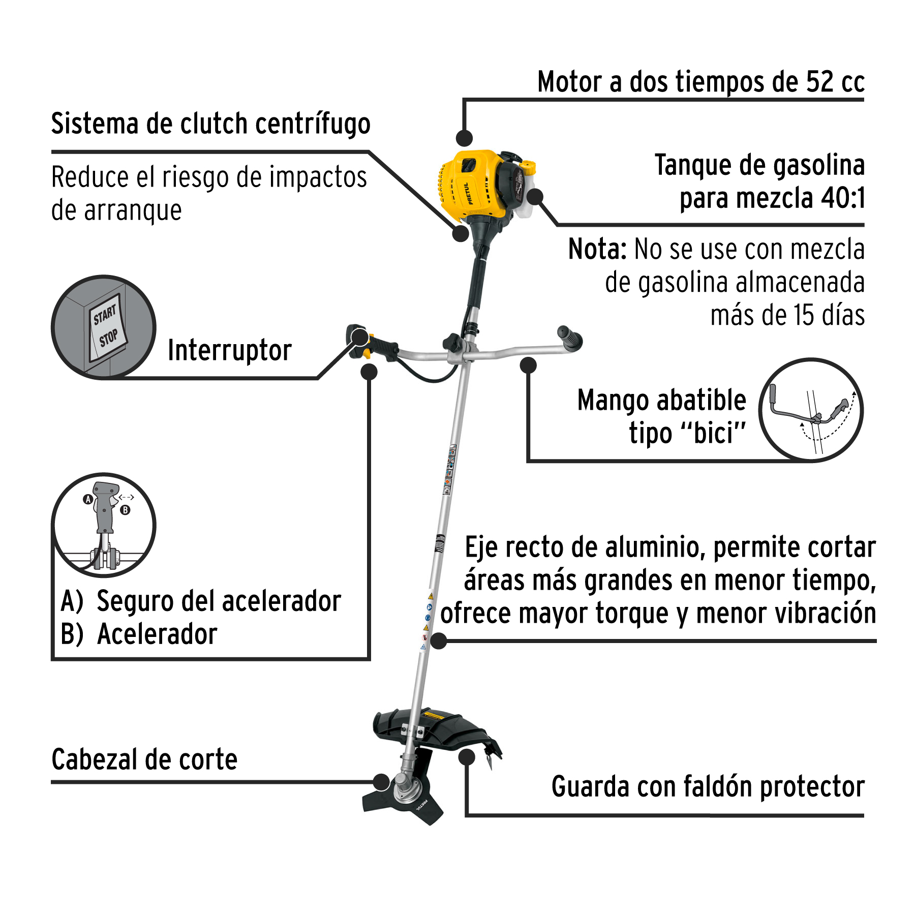 Desmalezadora a gasolina 52 cc mango tipo 'bici' , PRETUL - Imagen 3