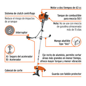 Desmalezadora a gasolina 63 cc mango tipo 'bici', 17' corte - Imagen 3