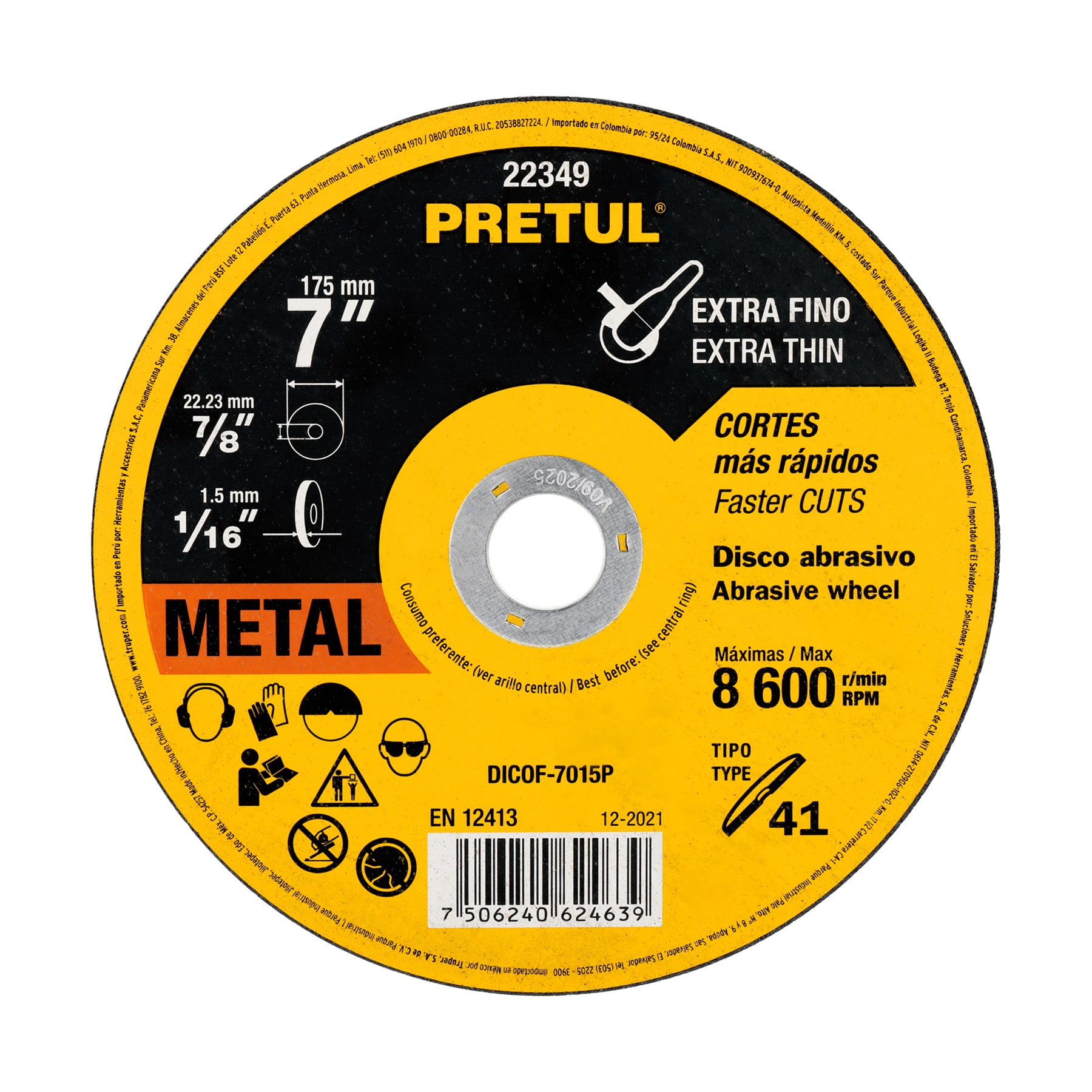 Disco abrasivo de corte preciso metal 7' x 1.5 mm, PRETUL - Imagen 2