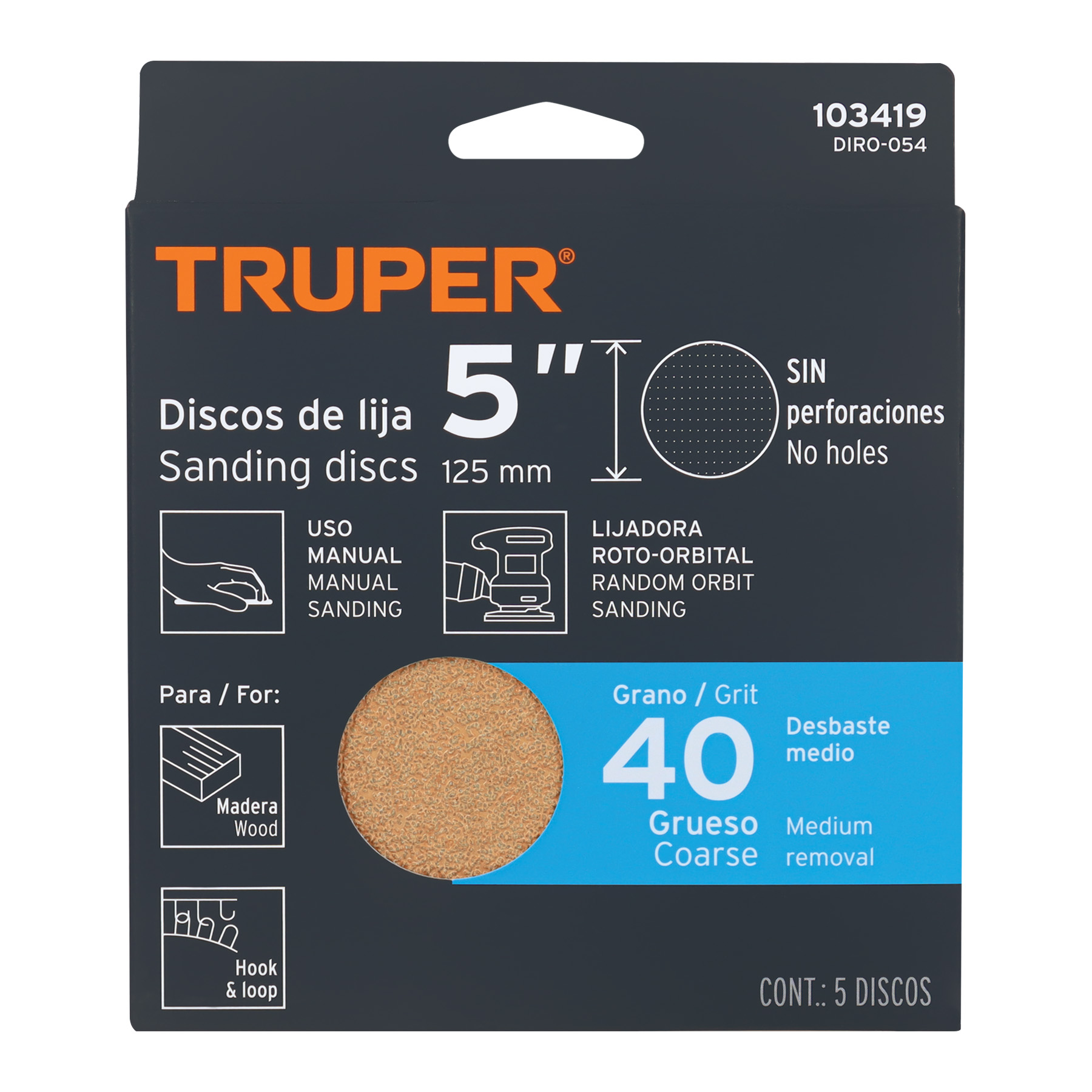 Paquete con 5 discos de lija 5' grano 40, ciegos, TRUPER - Imagen 5
