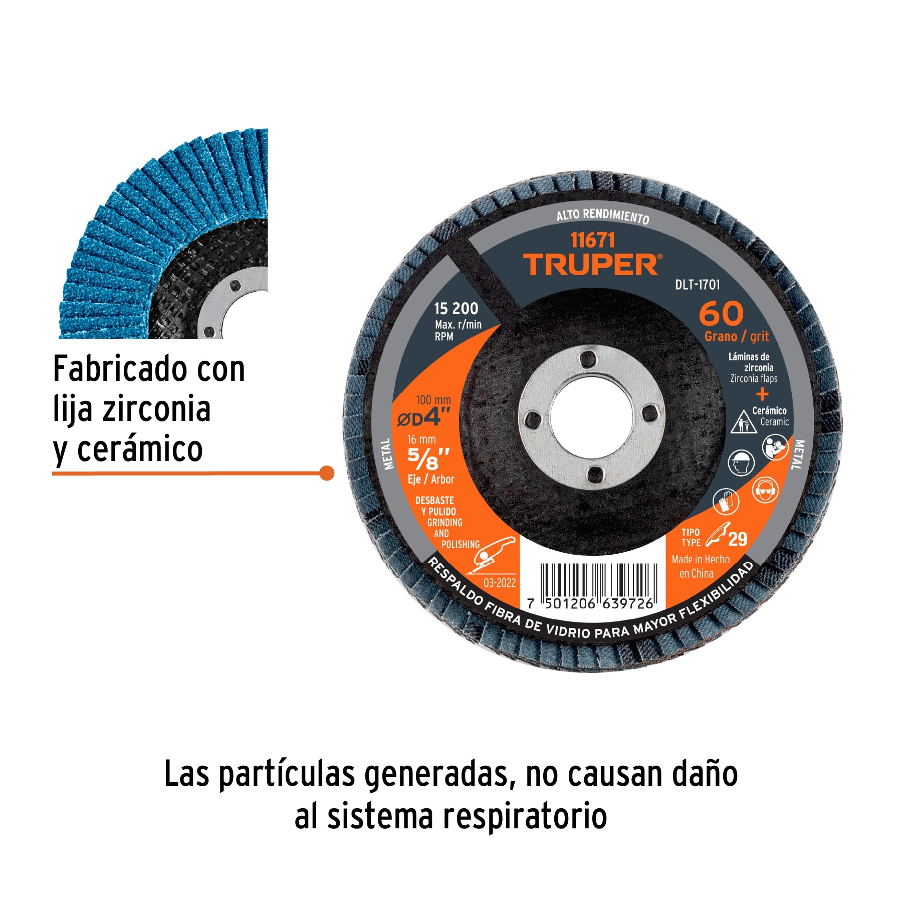 Disco laminado 4', grano 60 centro 5/8', fibra, TRUPER - Imagen 3