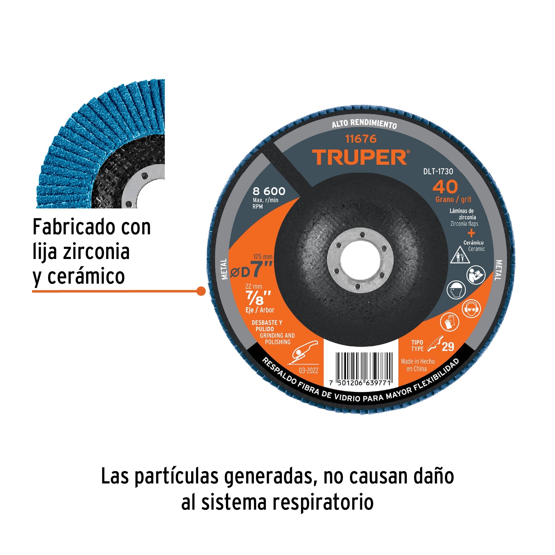 Disco laminado 7', grano 40 centro 7/8', fibra, TRUPER - Imagen 3