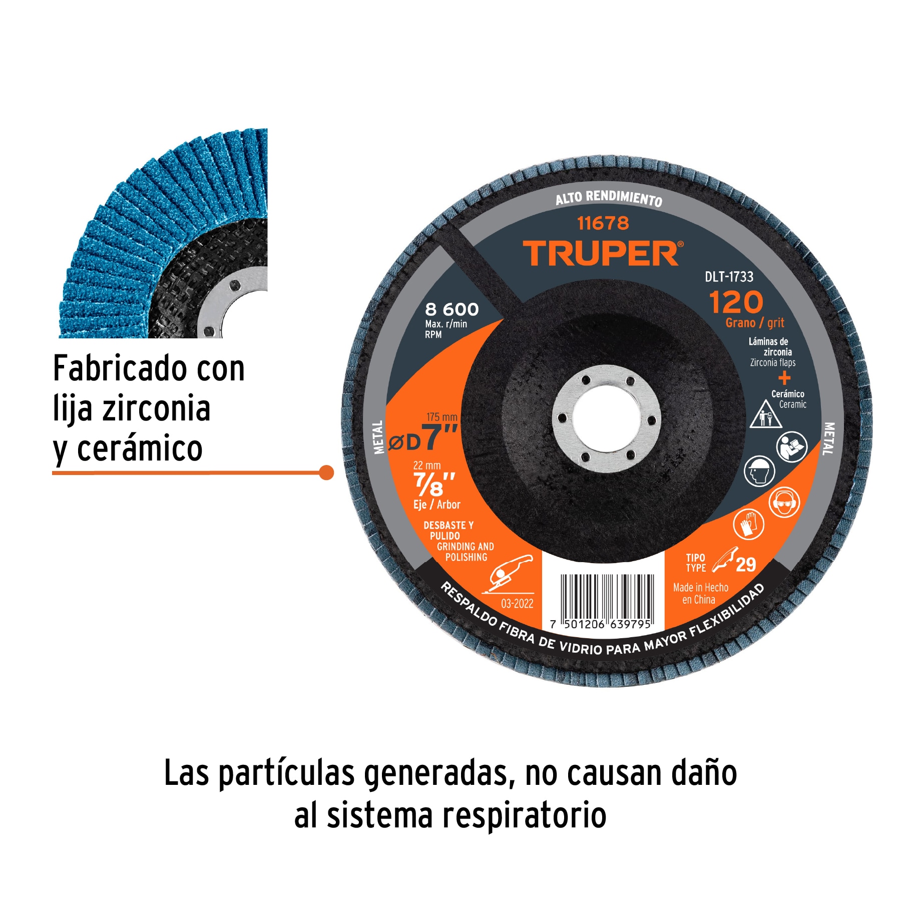 Disco laminado 7', grano 120 centro 7/8', fibra, TRUPER - Imagen 3