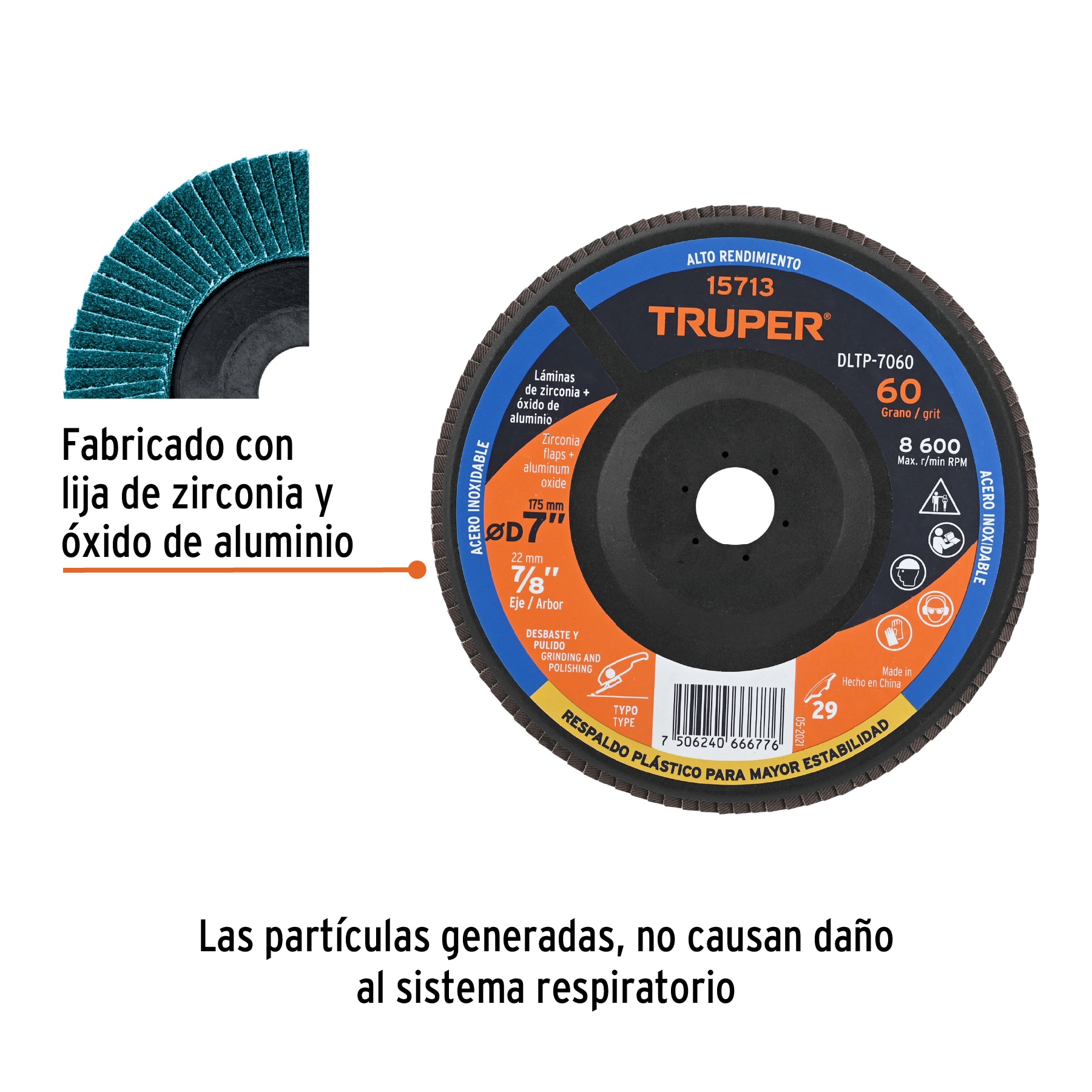 Disco laminado 7' grano 60 centro 7/8', plástico, TRUPER - Imagen 3