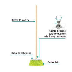 Escoba mediana tipo cepillo, cerdas de PVC, bastón de madera - Imagen 4
