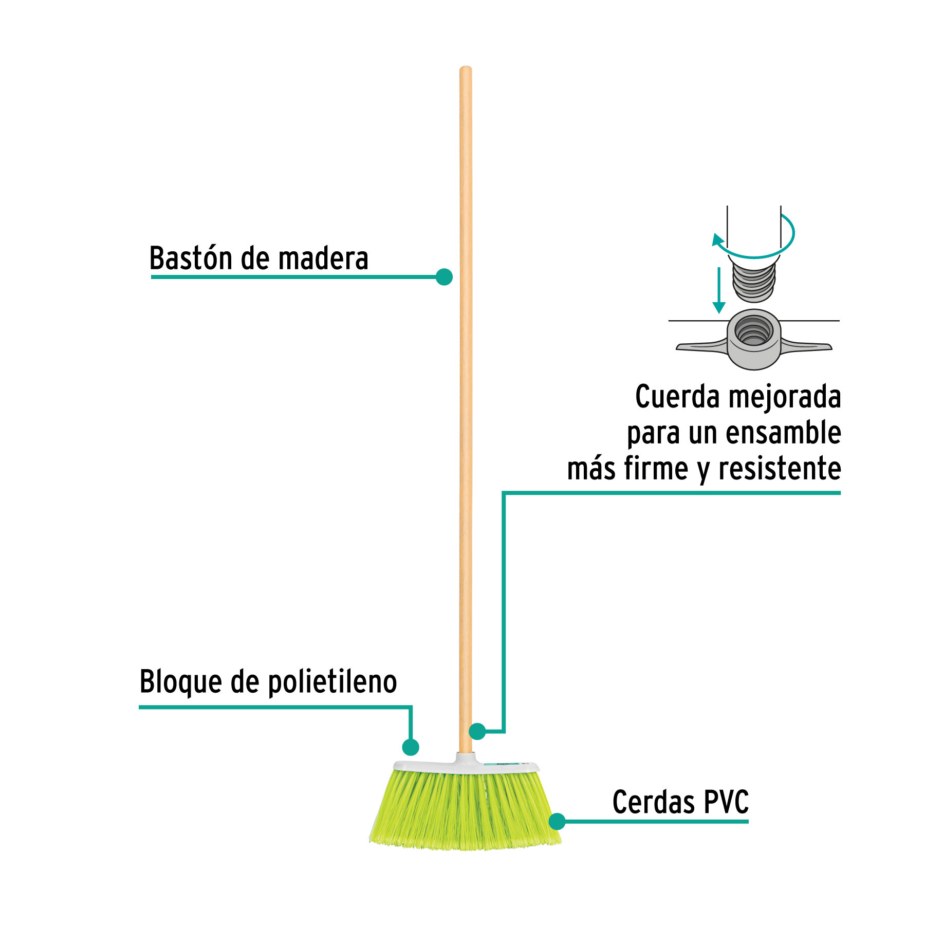 Escoba mediana tipo cepillo, cerdas de PVC, bastón de madera - Imagen 4