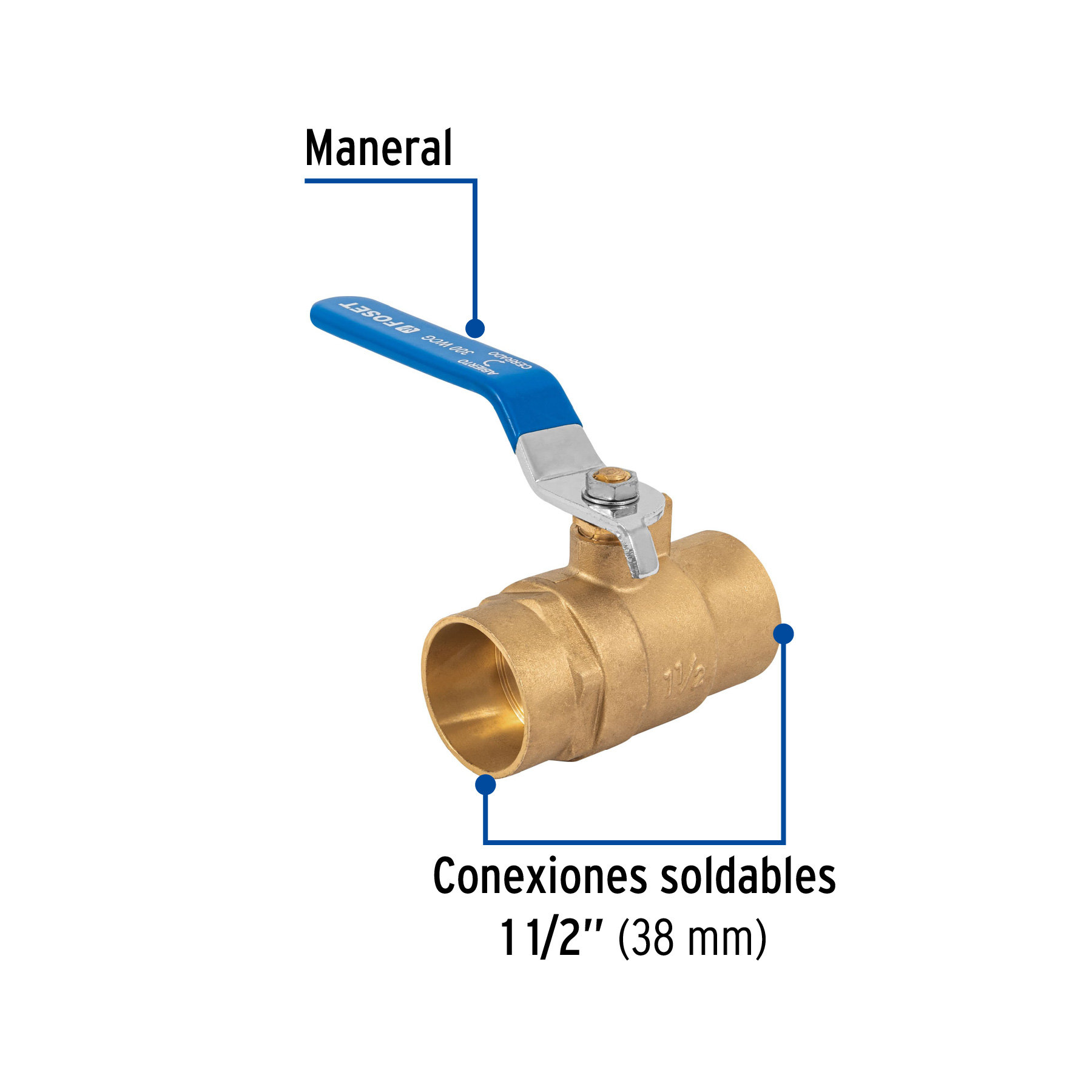 Válvula de esfera de latón, soldable 1-1/2', FOSET - Imagen 3