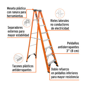 Escalera de tijera, tipo ll, 7 peldaños, fibra de vidrio - Imagen 3