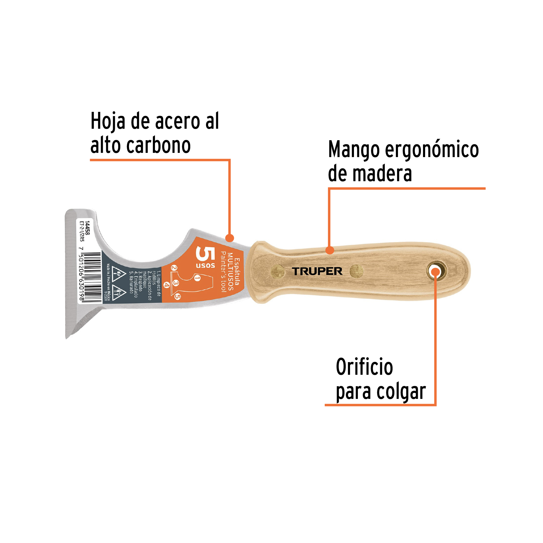 Espátula 2-1/2' de 5 usos con mango de madera, TRUPER - Imagen 3
