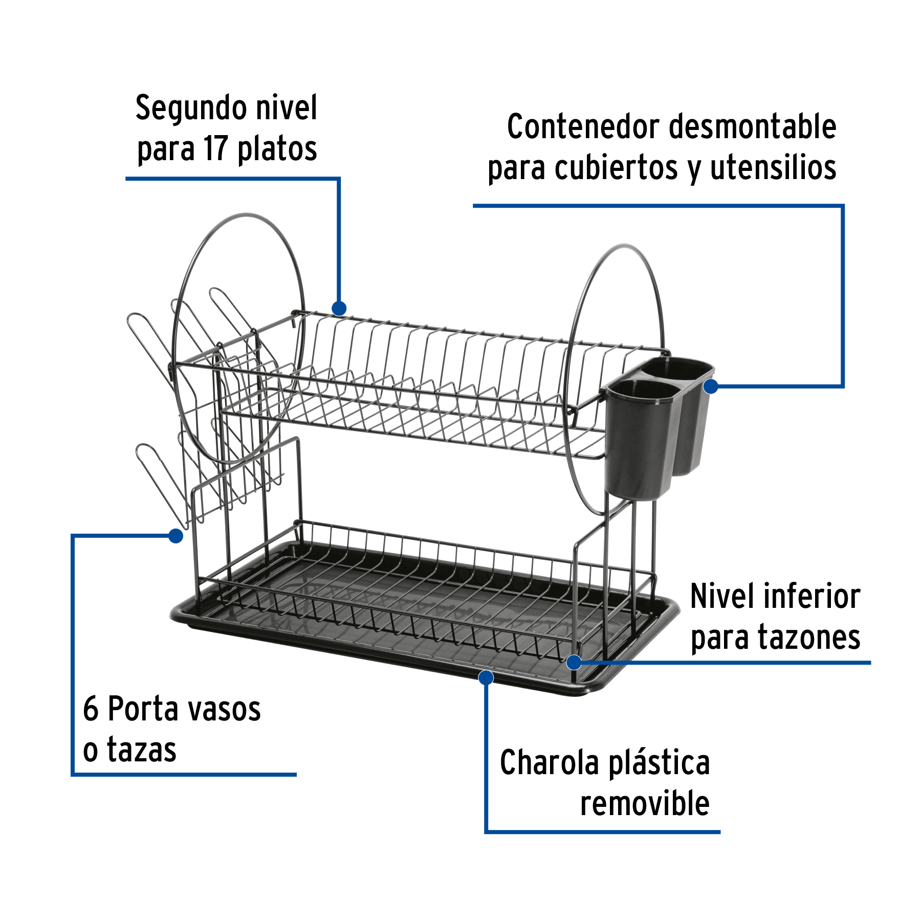 Escurridor negro de acero con 2 niveles para trastes - Imagen 3