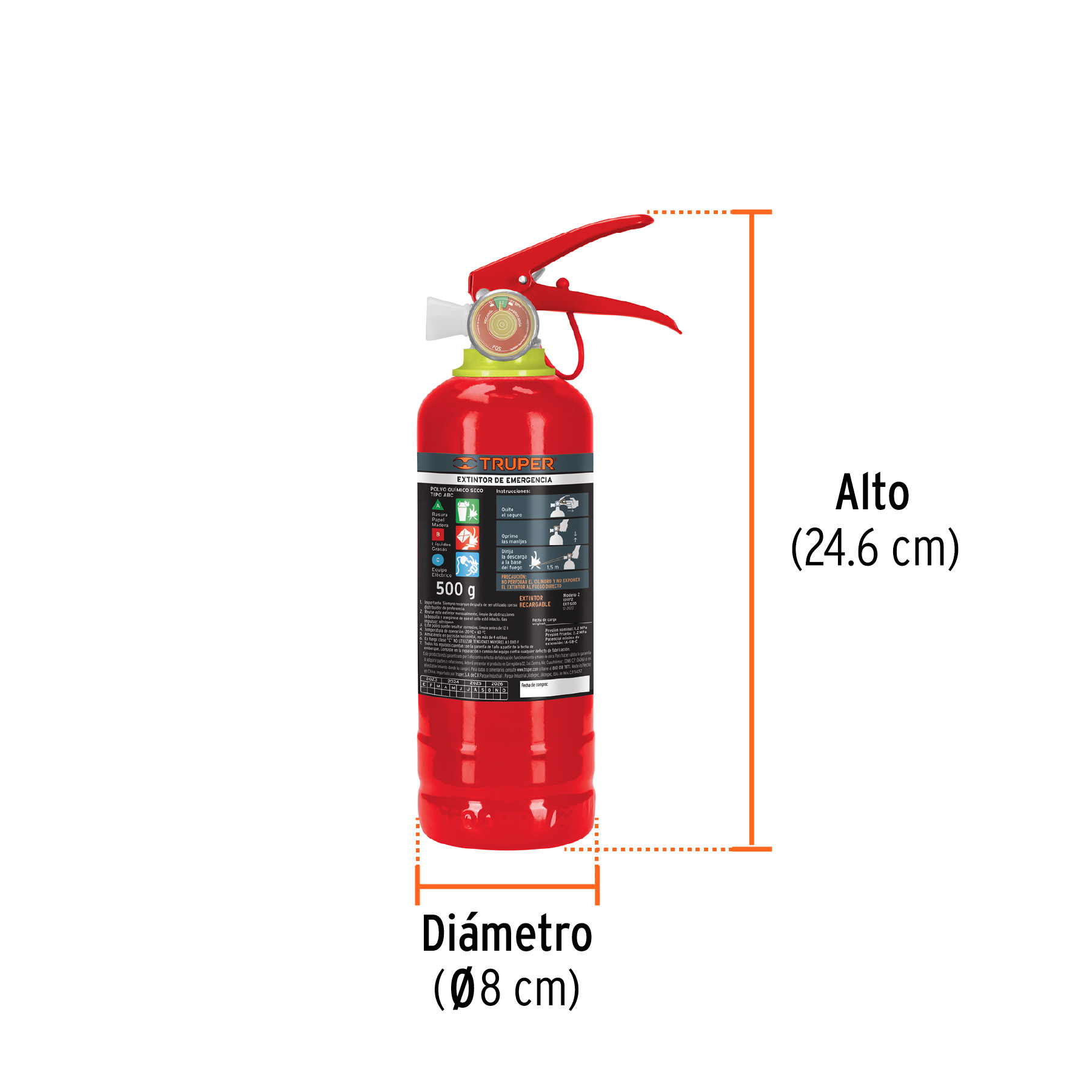 Extintor portátil recargable 0.5 kg, polvo tipo ABC, TRUPER - Imagen 5