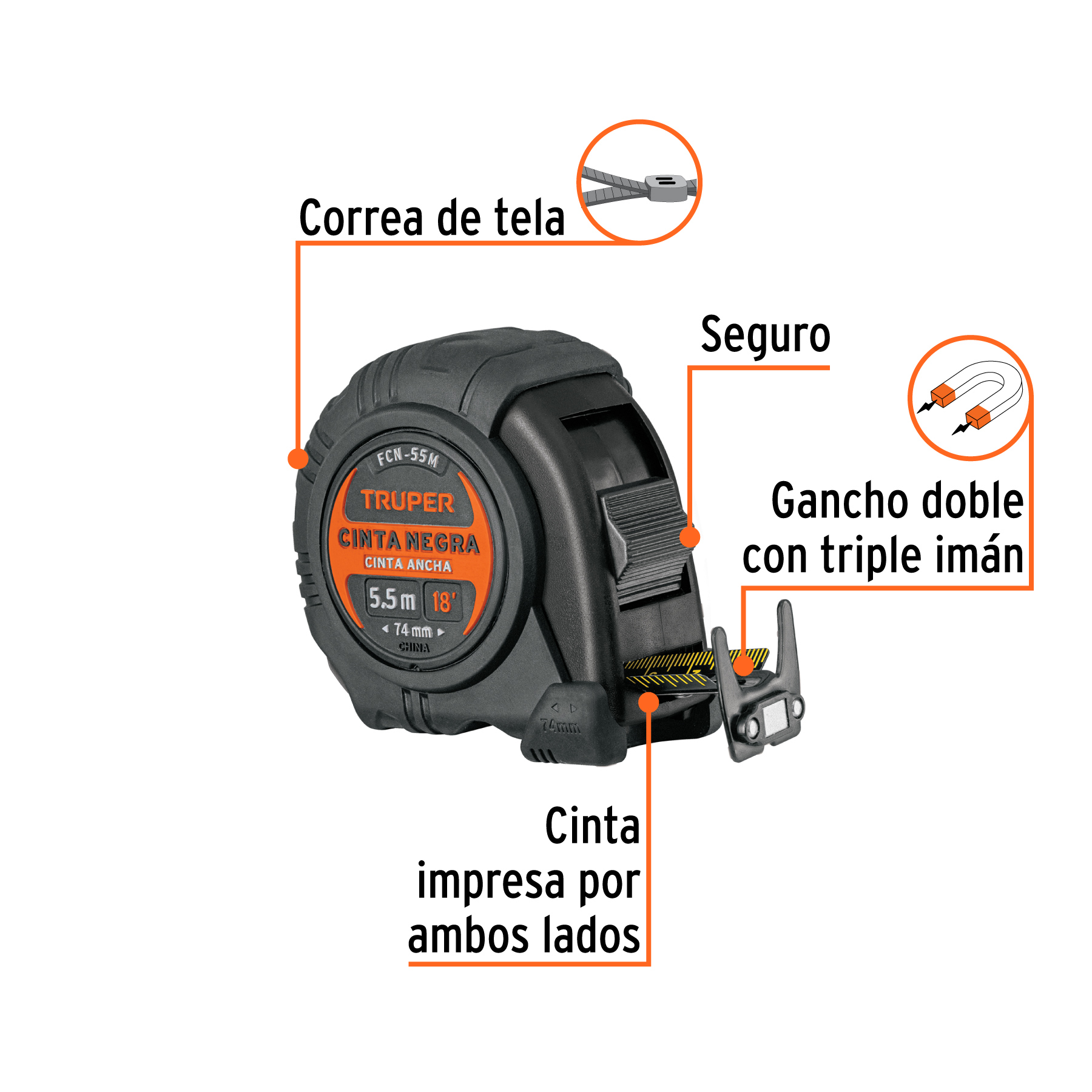 Flexómetro contra impactos 5.5 m, Cinta Negra 25 mm, TRUPER - Imagen 3