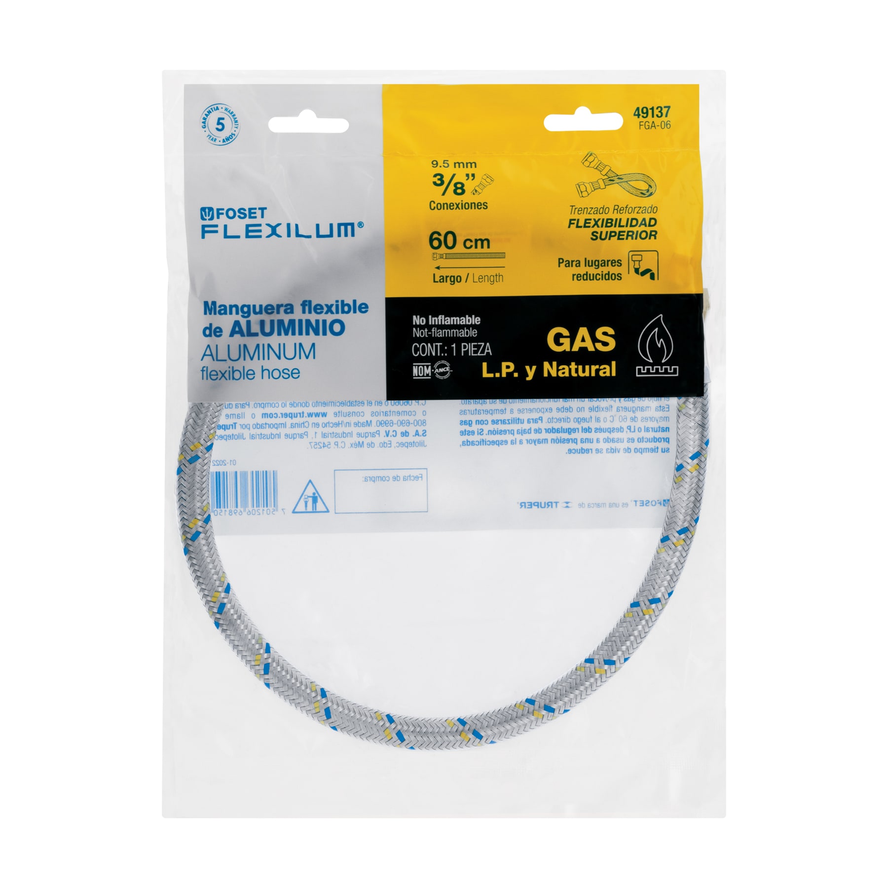 Manguera para gas, aluminio, 3/8' flare, 60 cm, FOSET - Imagen 5