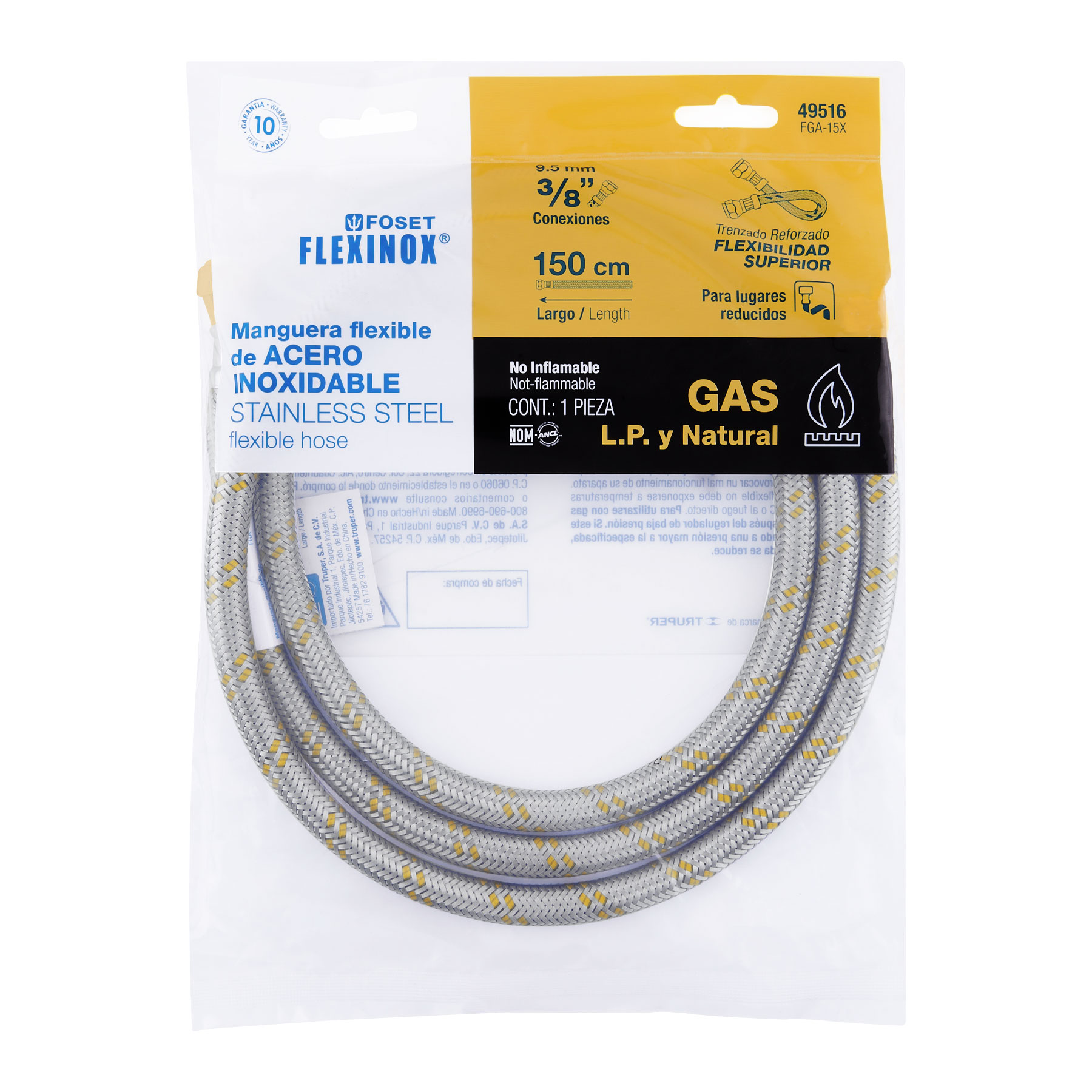 Manguera para gas, acero inox, 3/8' flare, 150 cm, FOSET - Imagen 5