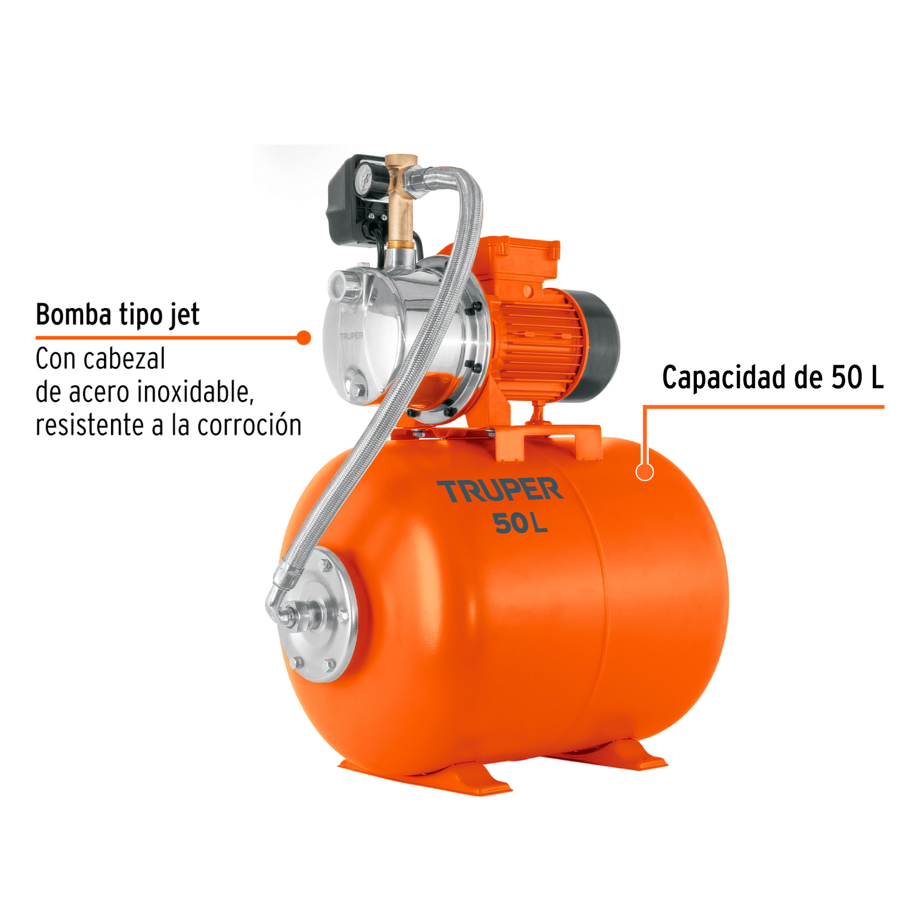 Equipo hidroneumático 50L, jet inoxidable 3/4 HP, TRUPER - Imagen 3