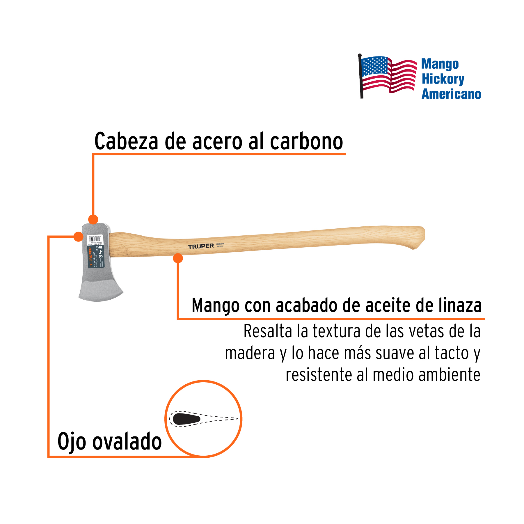 Hacha Michigan 3-1/2 lb, mango de hickory 34', TRUPER - Imagen 4
