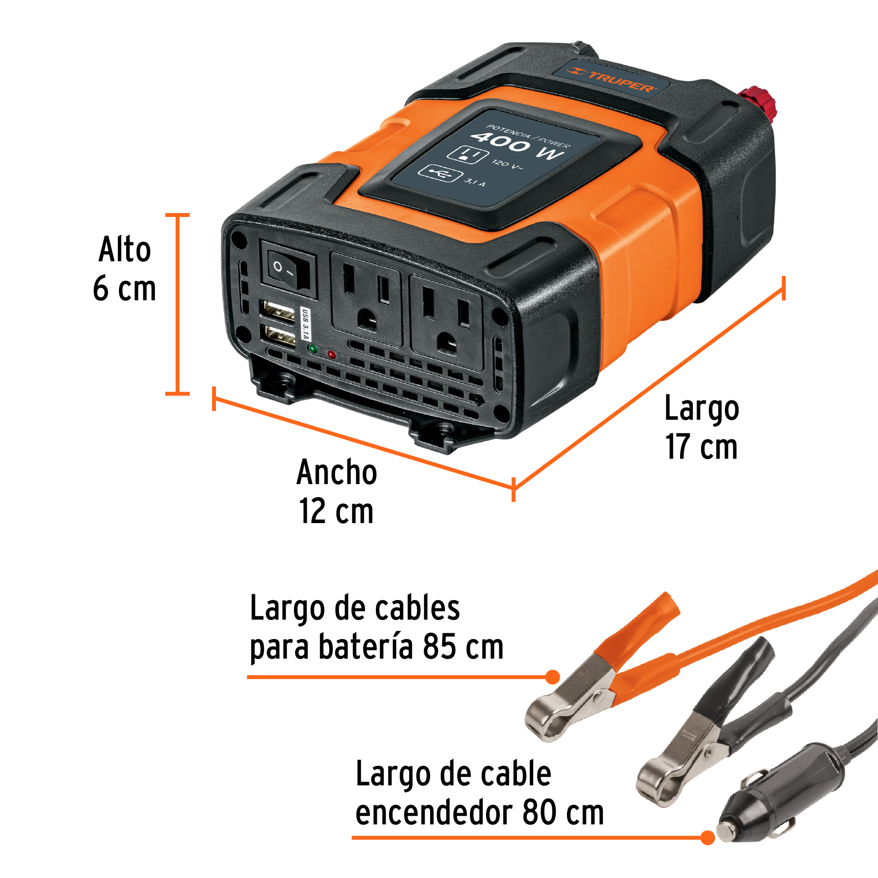 Inversor de corriente de 400 W con puertos USB, TRUPER - Imagen 5