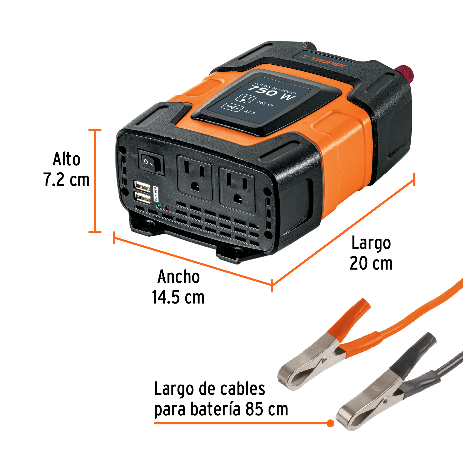 Inversor de corriente de 750 W con puertos USB, TRUPER - Imagen 5
