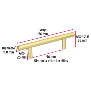 Jaladera de acero, 96mm, línea Cilindro, latón brillante - Imagen 4
