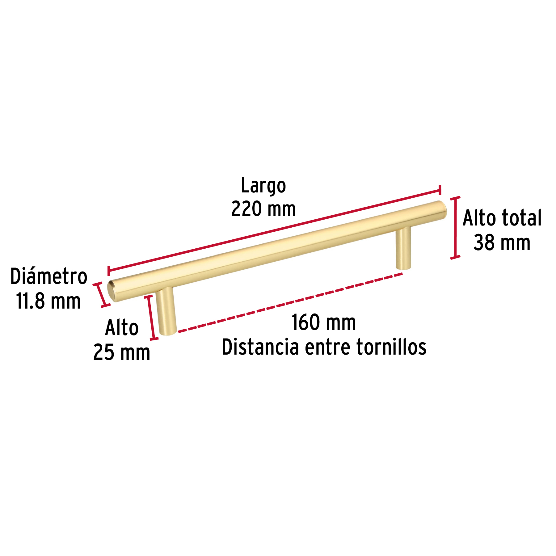 Jaladera de acero, 160mm, línea Cilindro, latón brillante - Imagen 4