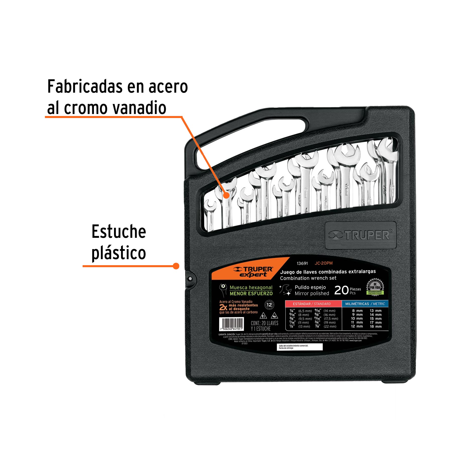 Jgo 20 llaves combinadas extralargas pulidas std y mm,EXPERT - Imagen 3