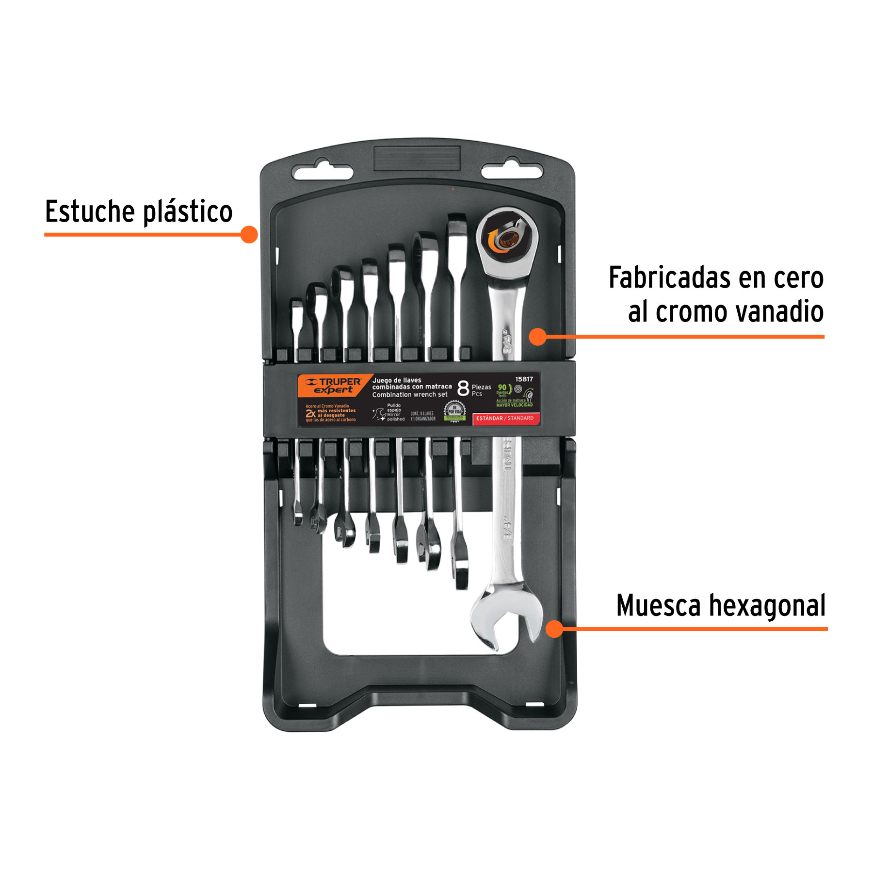 Juego de 8 llaves combinadas std pulidas con matraca, EXPERT - Imagen 3