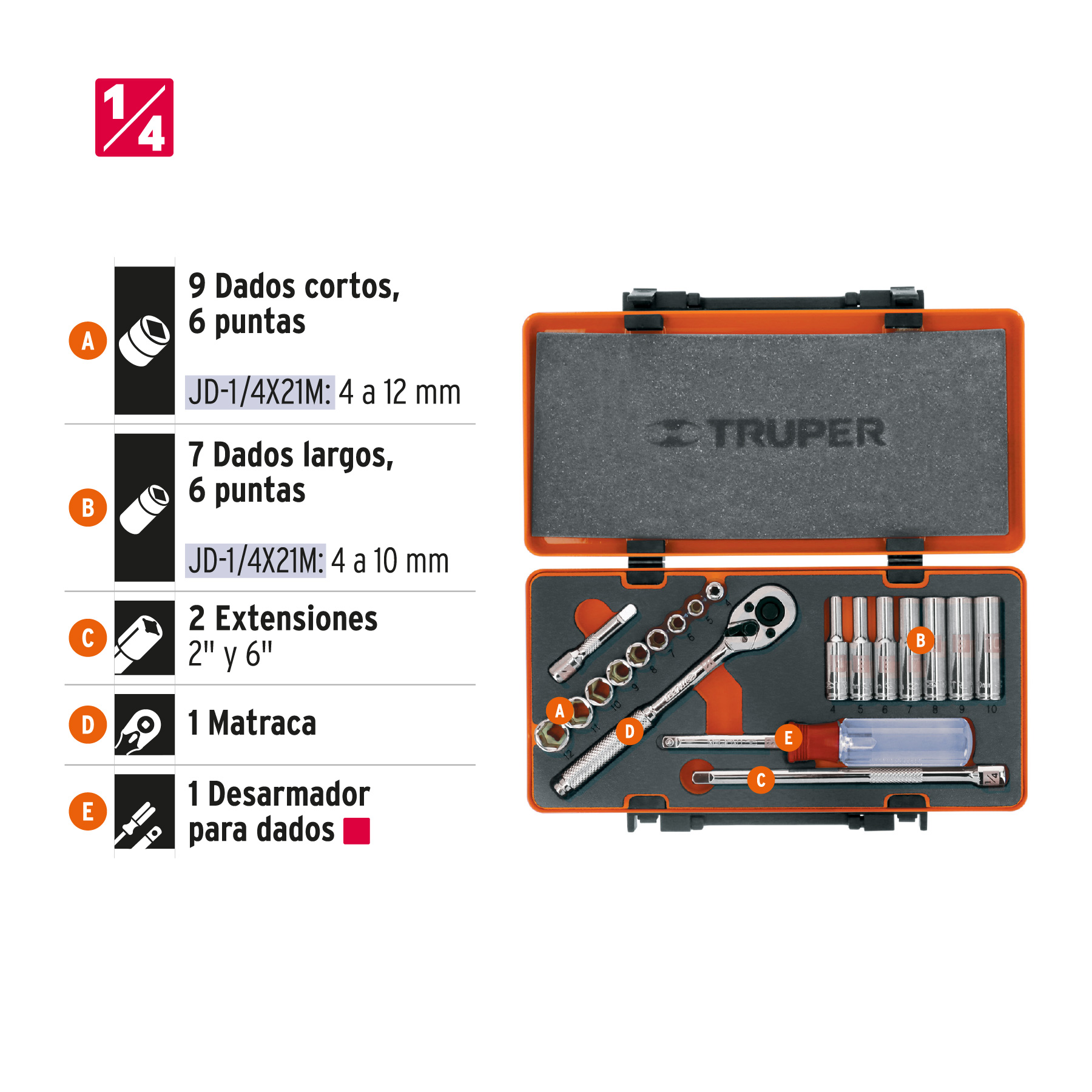 Juego de 20 herramientas cuadro 1/4' mm para mecánico - Imagen 3