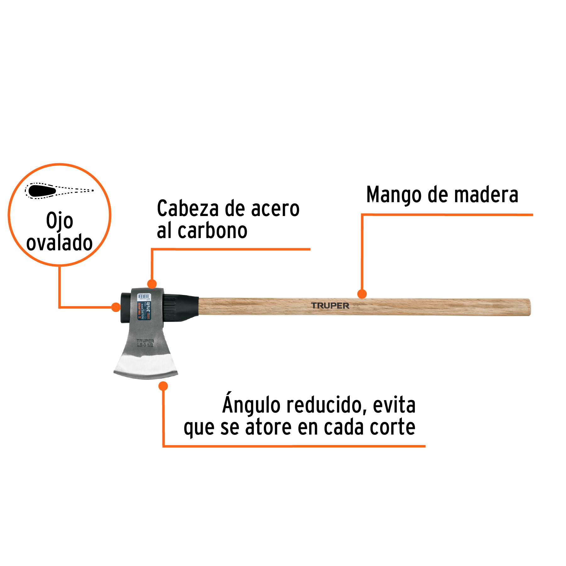 Hacha labor entera 3-1/2lb, mango de madera 36', TRUPER - Imagen 3