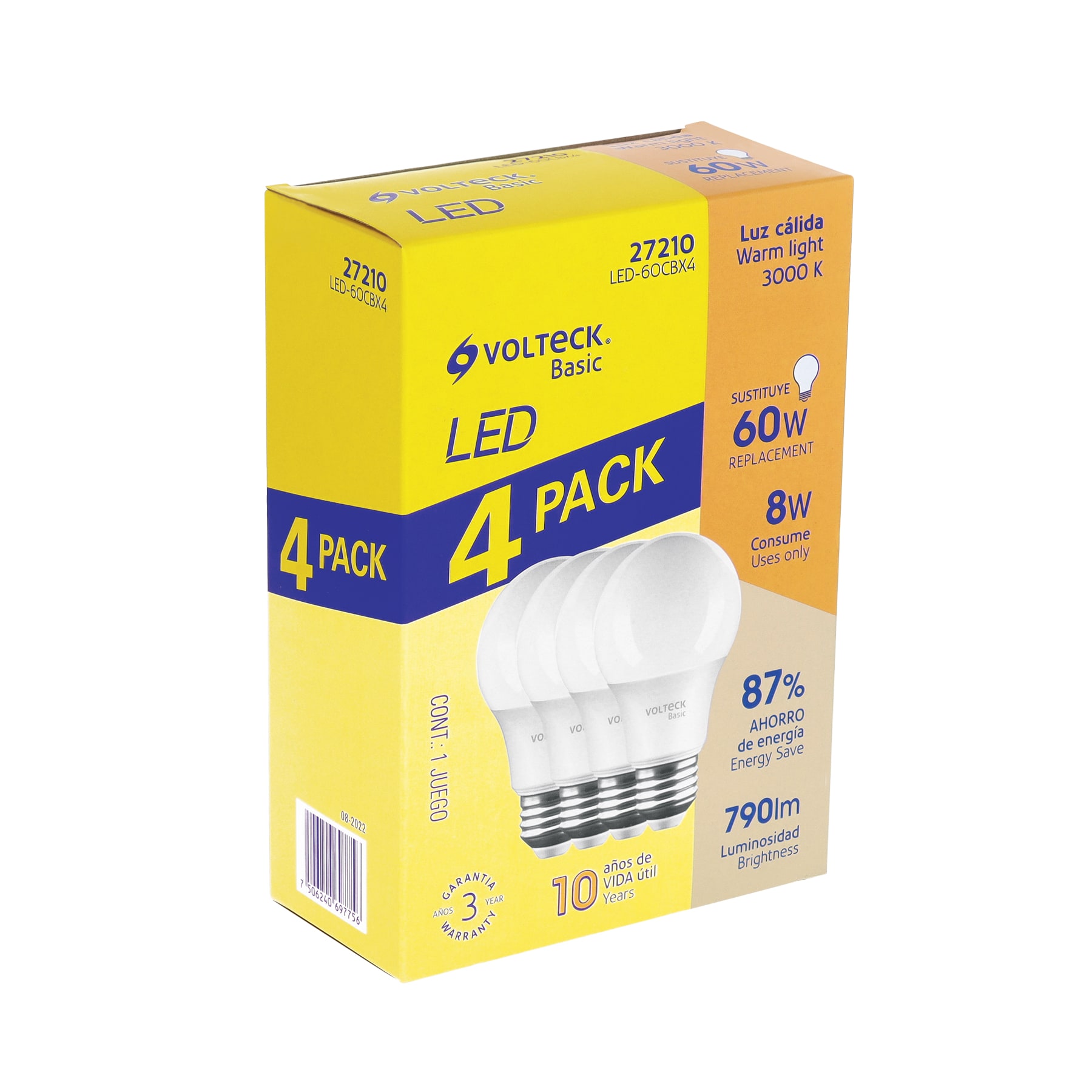 Pack 4 focos LED 8W (60W) A19, 3000K cálida, 790 lm, BASIC - Imagen 2
