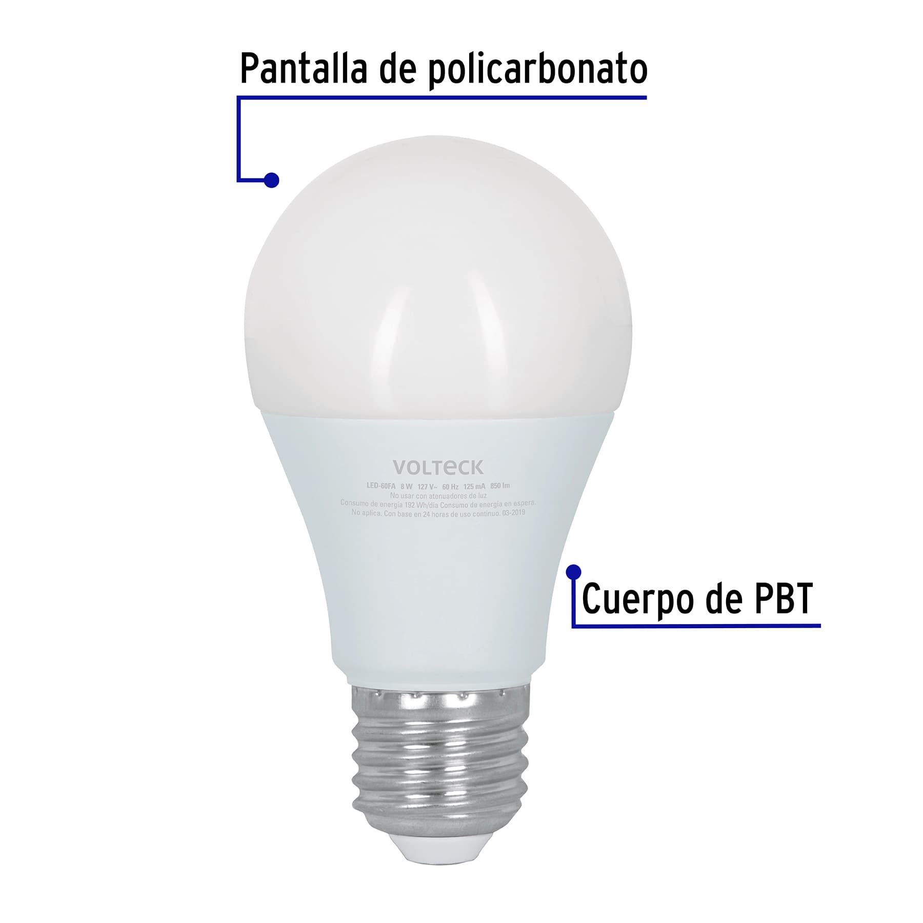 Foco LED 8W (60W) A19 6500K 3 niveles de luminosidad VOLTECK - Imagen 4