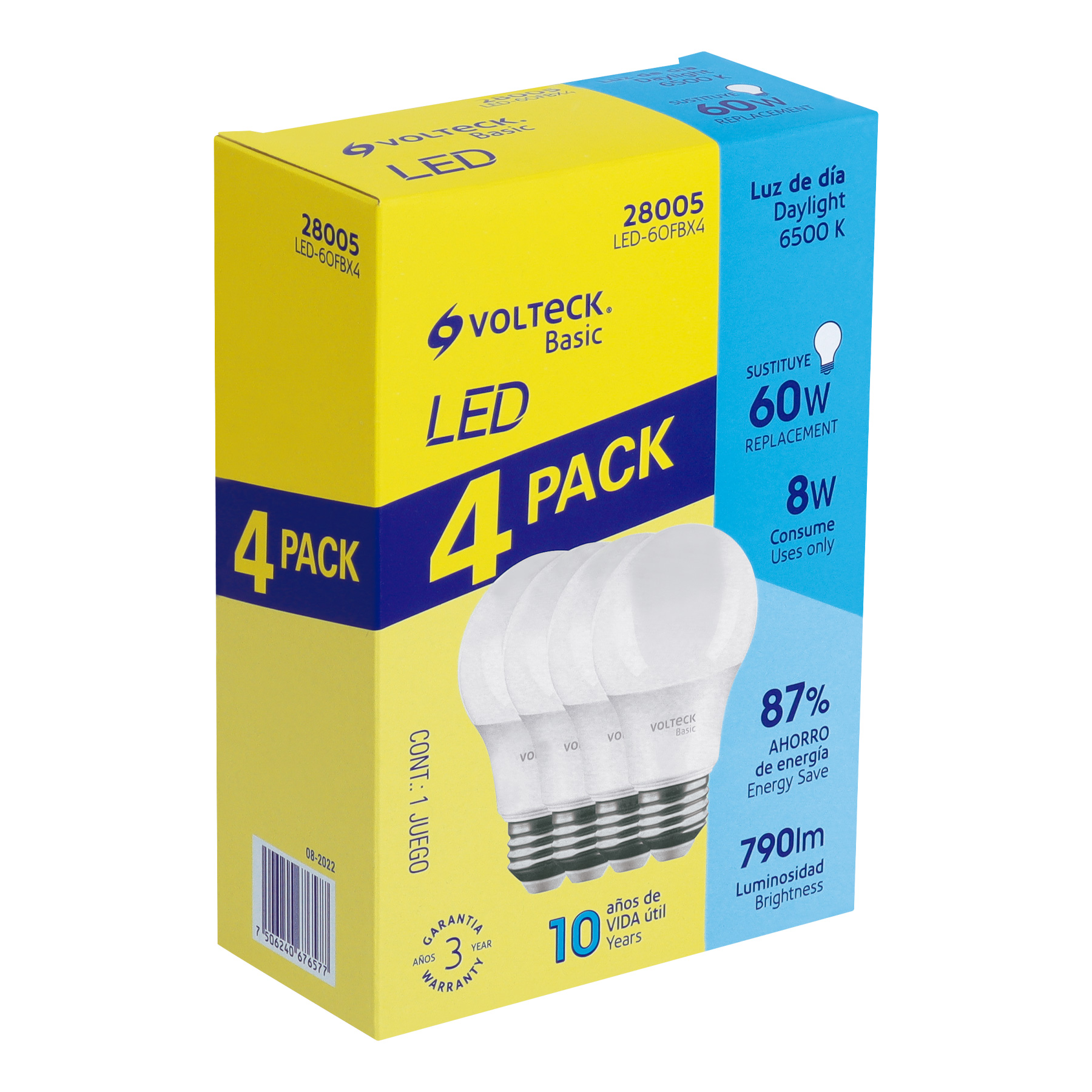 Pack 4 focos LED 8W (60W) A19, 6500K fría, 790 lm, BASIC - Imagen 2