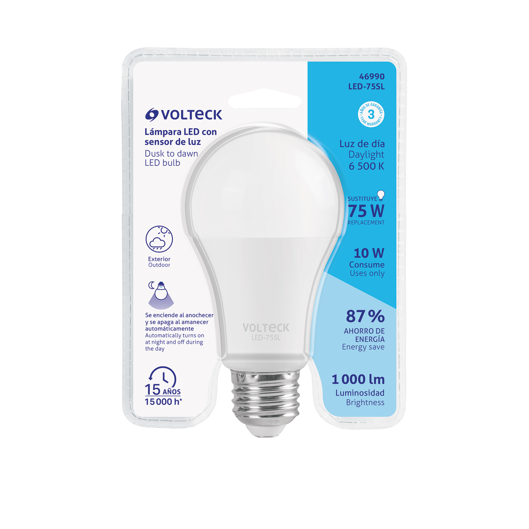 Foco LED 10W (75W) A19, sensor de luz, 6500K, VOLTECK - Imagen 6