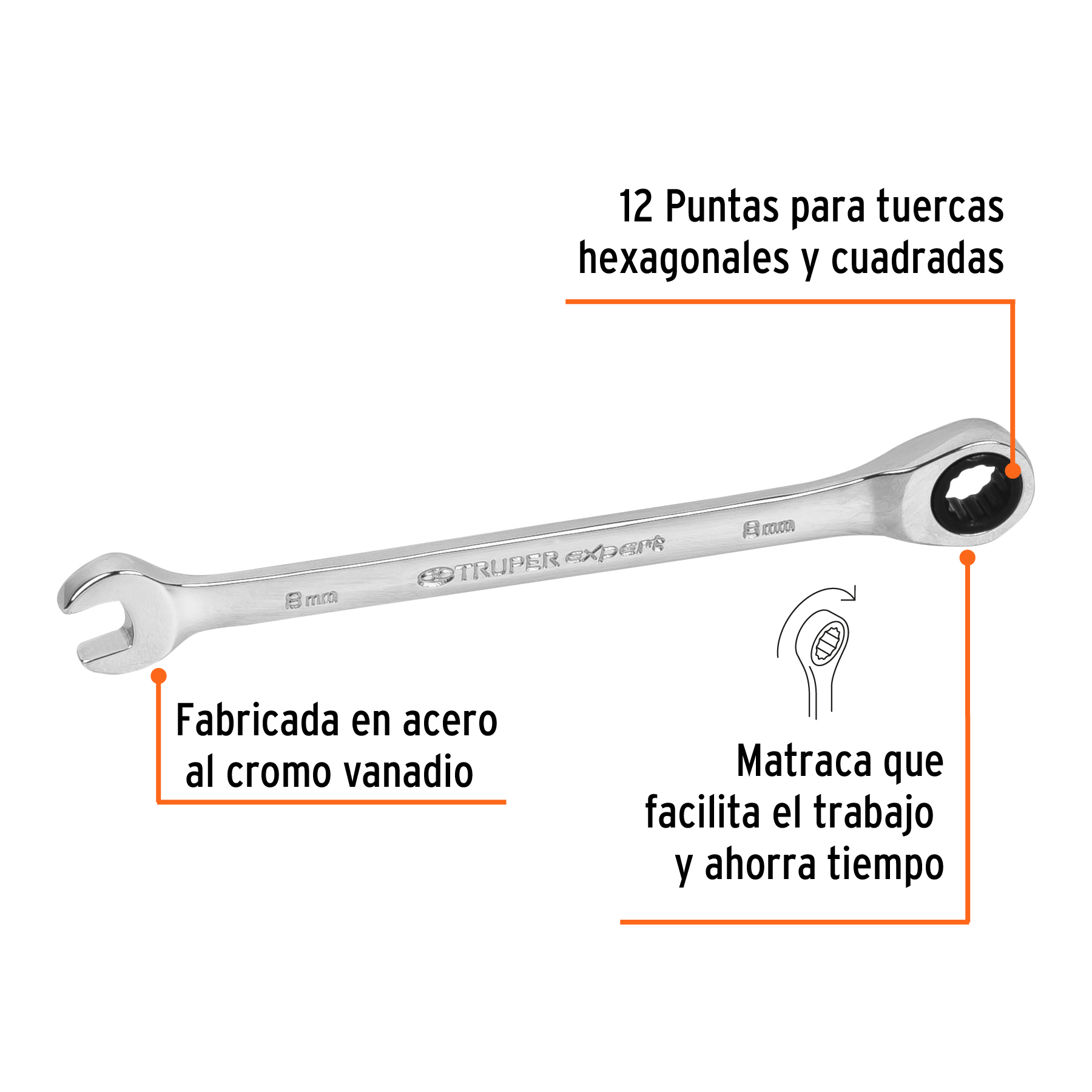 Llave combinada con matraca 8 mm x 136 mm largo, EXPERT - Imagen 3