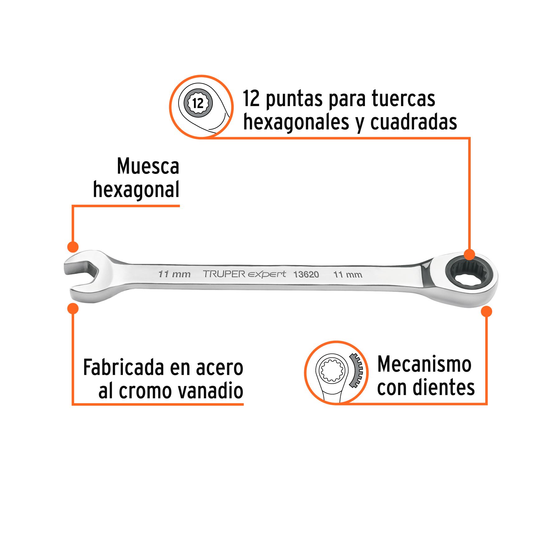 Llave combinada con matraca 11mm x 160 mm largo, EXPERT - Imagen 3