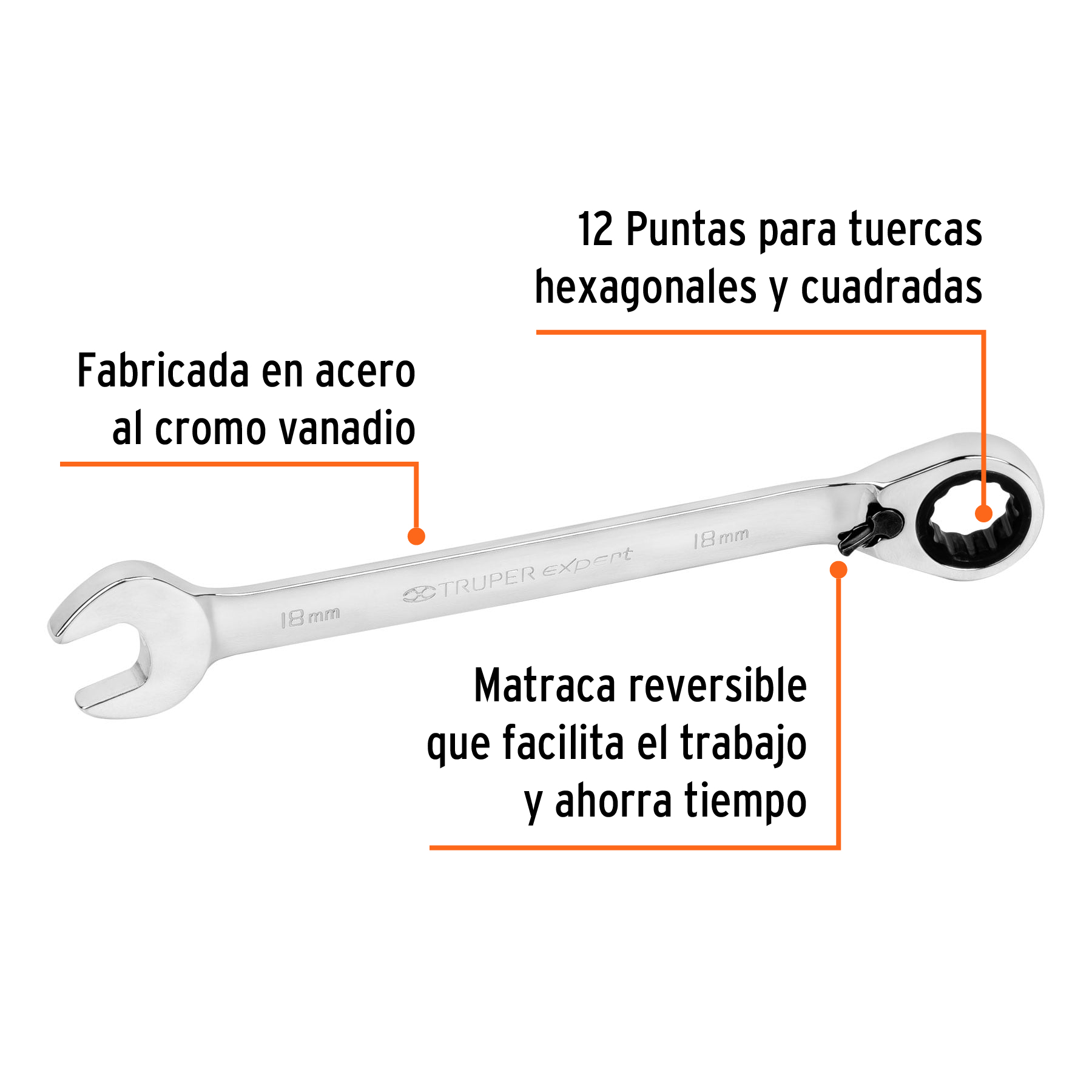 Llave combinada matraca reversible 18mmx231 mm largo, EXPERT - Imagen 3